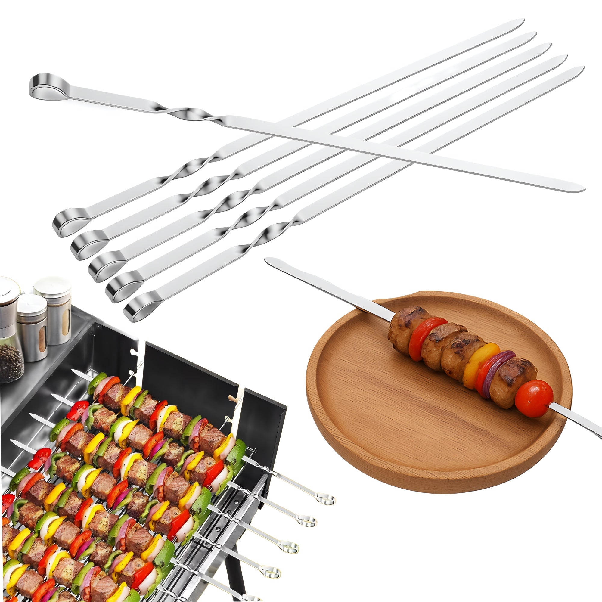 Set 6 ace pentru frigarui Koken, otel inoxidabil, 45 cm, reutibilizabile, perfect pentru frigarui, carne, peste sau fructe