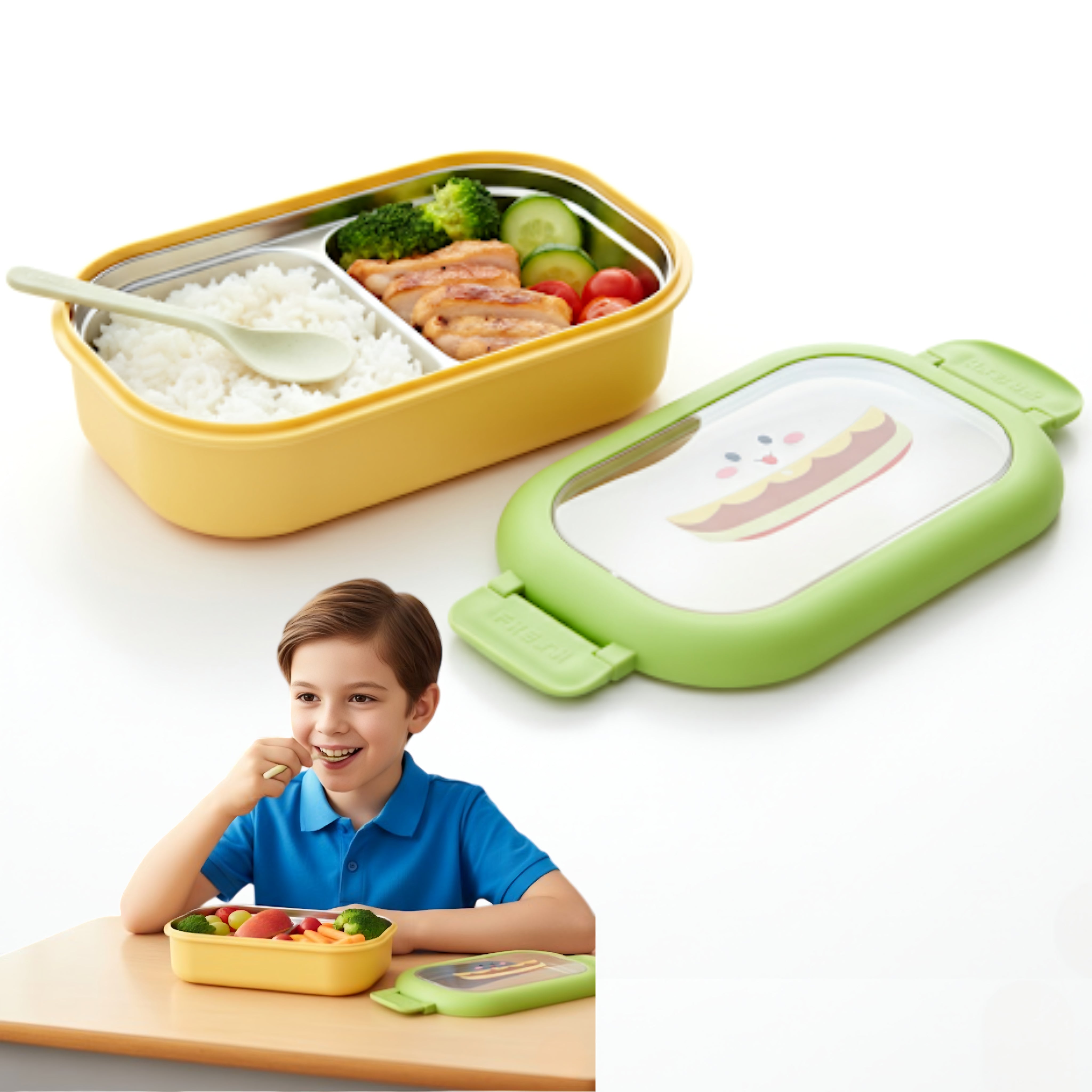 Cutie pentru pranz Koken, Lunch Inox, Caserola copii scoala cu 2 Compartimente, Lingura inclusa, Verde