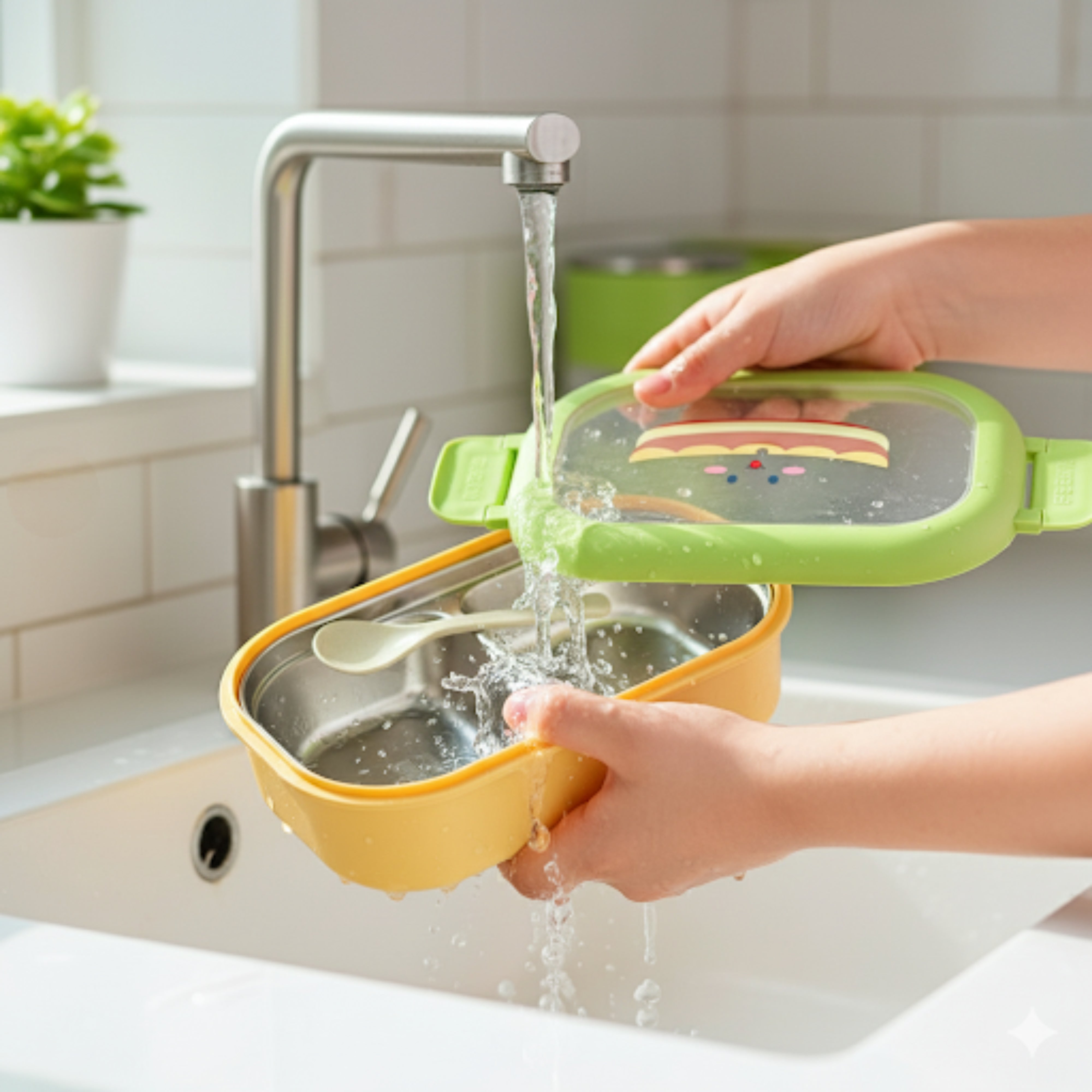 Cutie pentru pranz Koken, Lunch Inox, Caserola copii scoala cu 2 Compartimente, Lingura inclusa, Verde