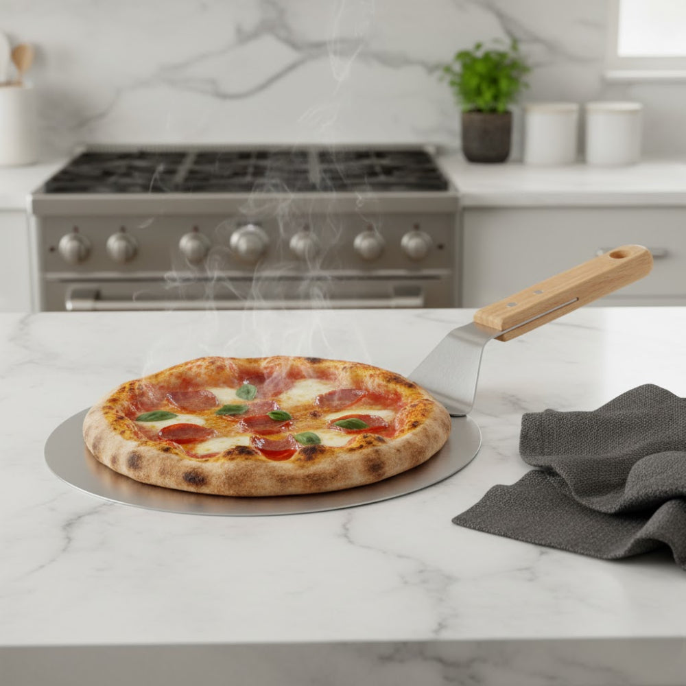 Koken pizza shovel, round stainless steel tray, plastic handle, spatula