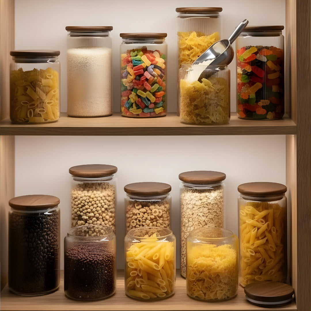 Set Recipiente din sticlă borosilicată cu capac din bambus etanș Koken, Borcane cu capac din bambus ermetic, pentru depozitarea alimentelor uscate și cerealelor