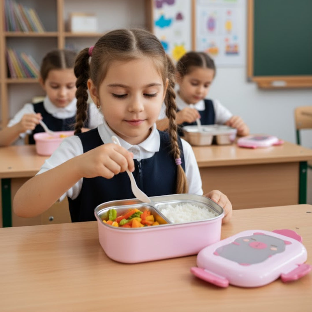 Cutie pentru pranz Koken, Lunch Inox, Caserola copii scoala cu 2 Compartimente, 22 x 15,5 x 7,5 cm, Lingura inclusa, Caserola pentru mancare, Roz/Bej