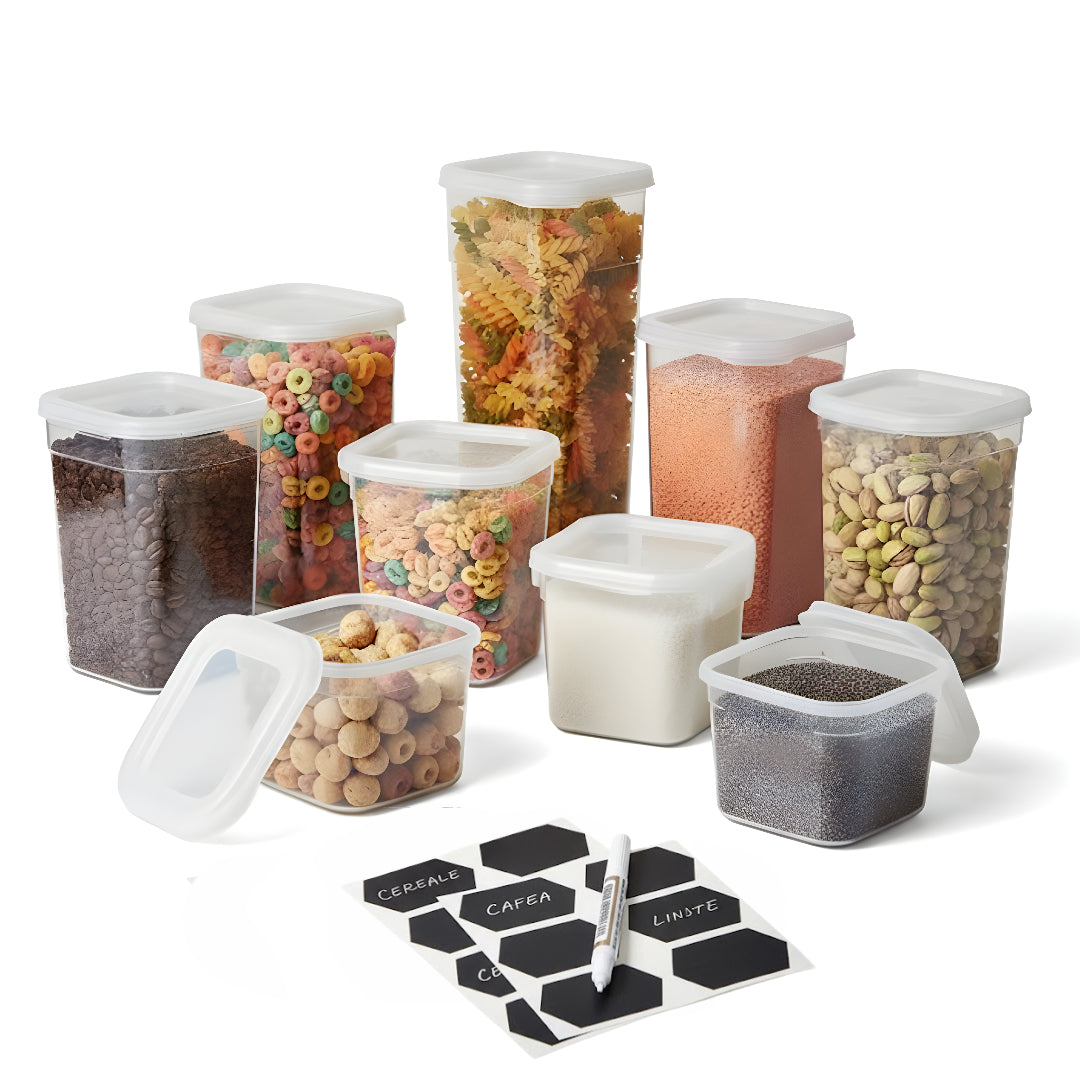 Set 7/9 Recipiente de depozitare alimente, etanșe, Koken cutie depozitare cu capac, plastic fără BPA, organizator alimente, rezistent rece/fierbinte, 0.6L, 1.2L, 1.75L, Transparente
