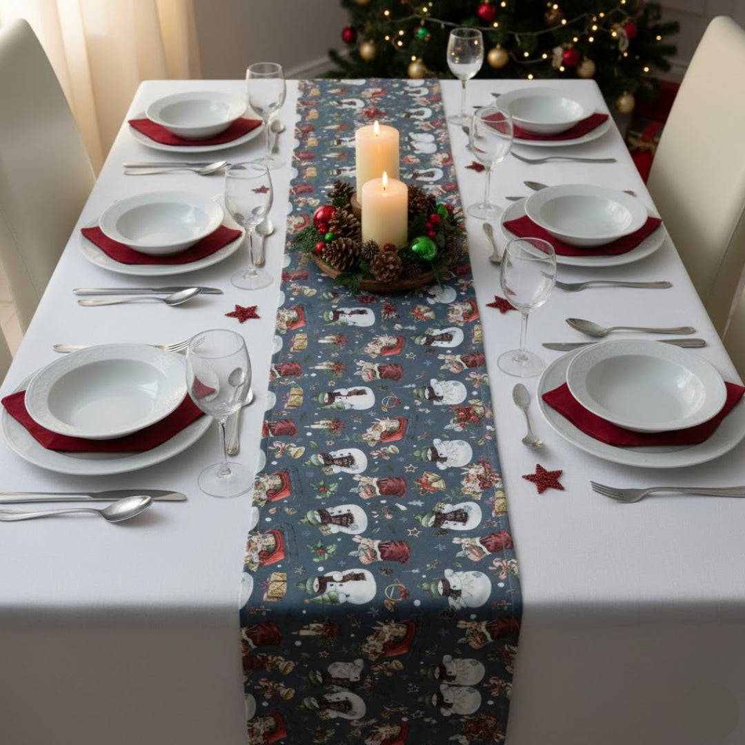 Traversa de masa 180x40cm, din bumbac, Koken, Impermiabila, fata de masa imprimeu Craciun 3D, Rezistenta la pete si murdarie, Albastra