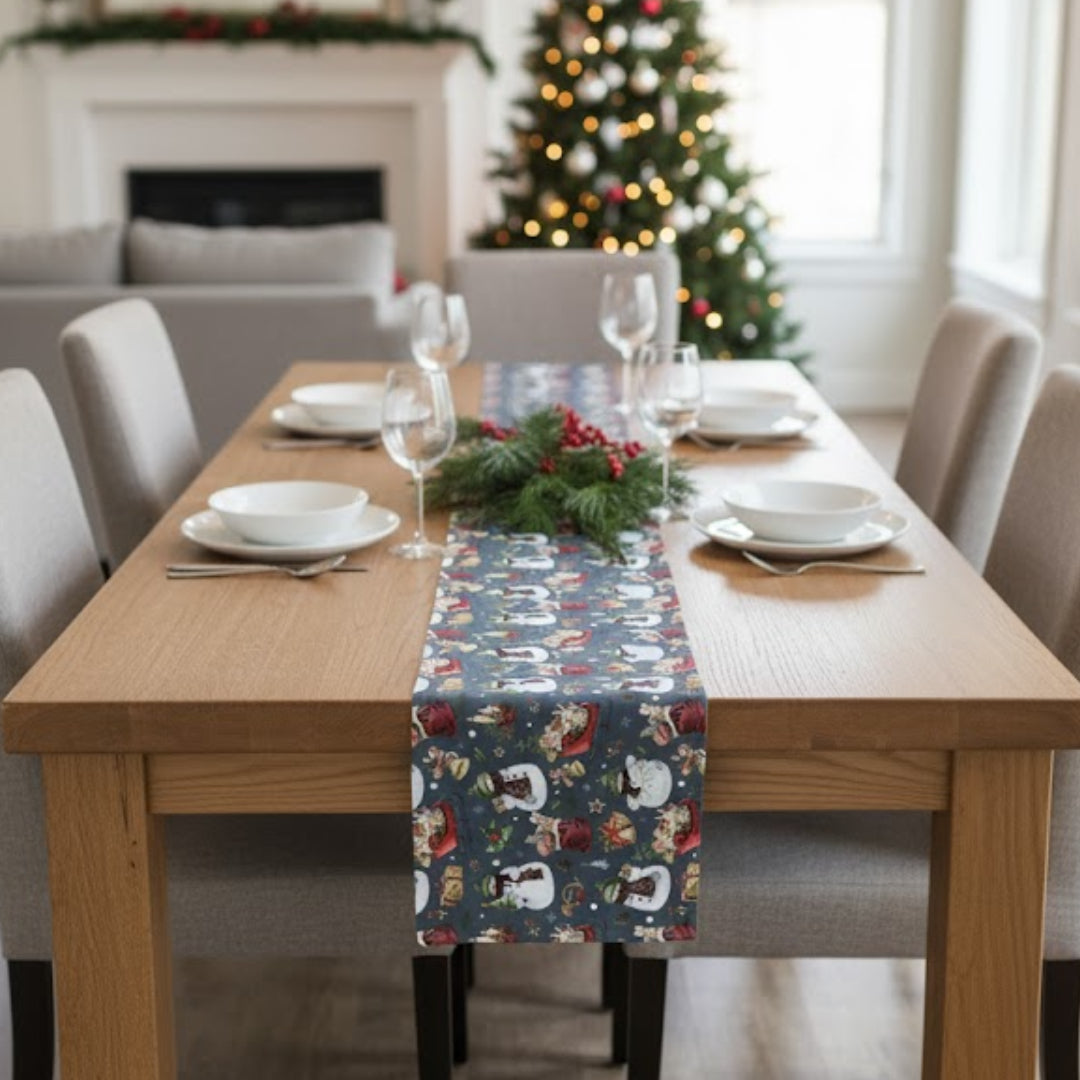 Traversa de masa 180x40cm, din bumbac, Koken, Impermiabila, fata de masa imprimeu Craciun 3D, Rezistenta la pete si murdarie, Albastra