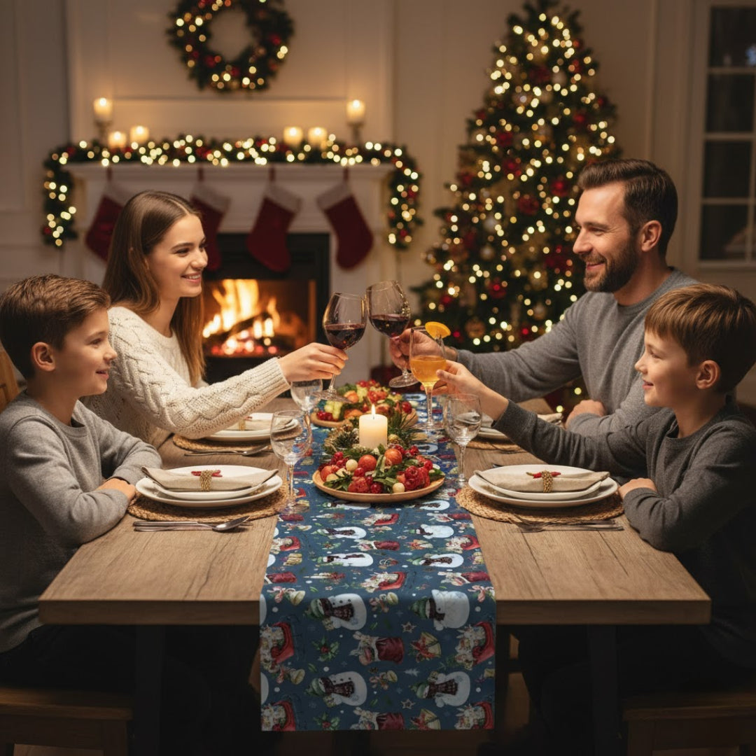 Traversa de masa 180x40cm, din bumbac, Koken, Impermiabila, fata de masa imprimeu Craciun 3D, Rezistenta la pete si murdarie, Albastra