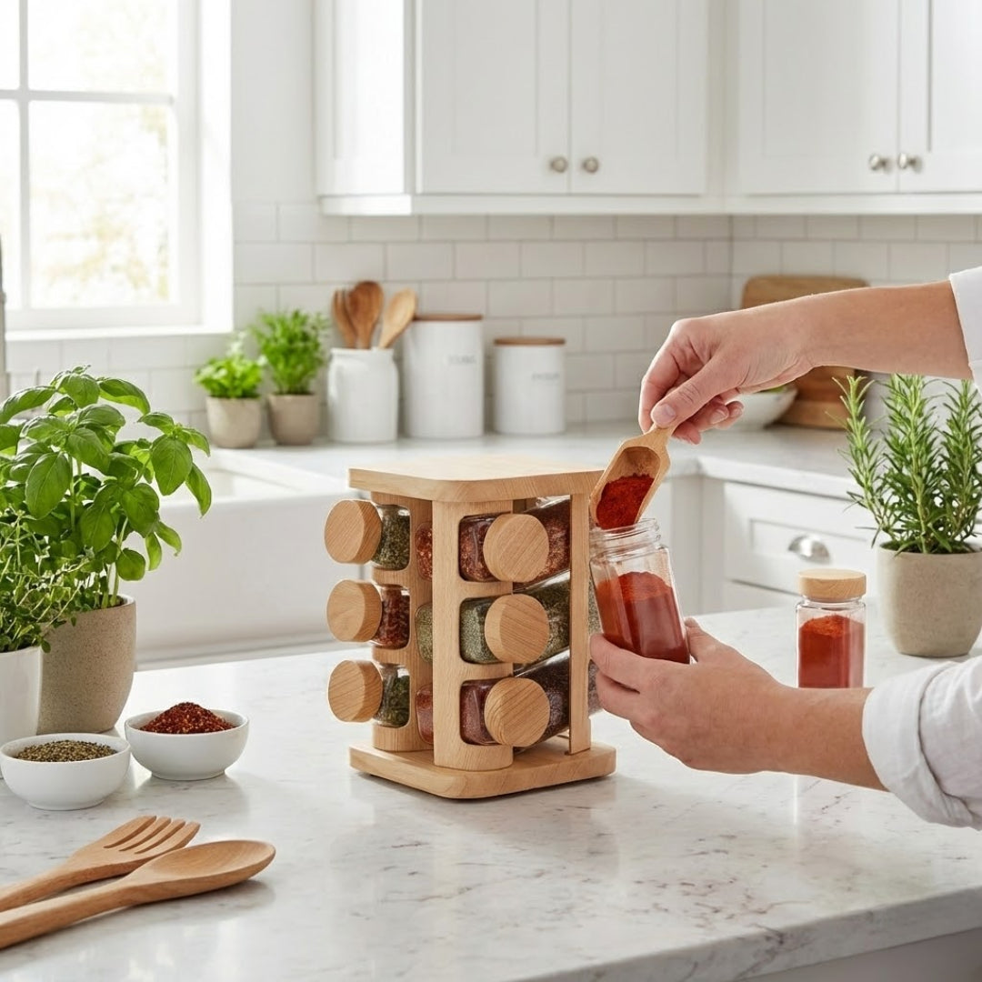 Set 12 recipiente pentru condimente cu suport din plastic imitatie lemn Koken, sare/piper/paprika, compact si functional, sticla groasa, capace din plastic, transparent