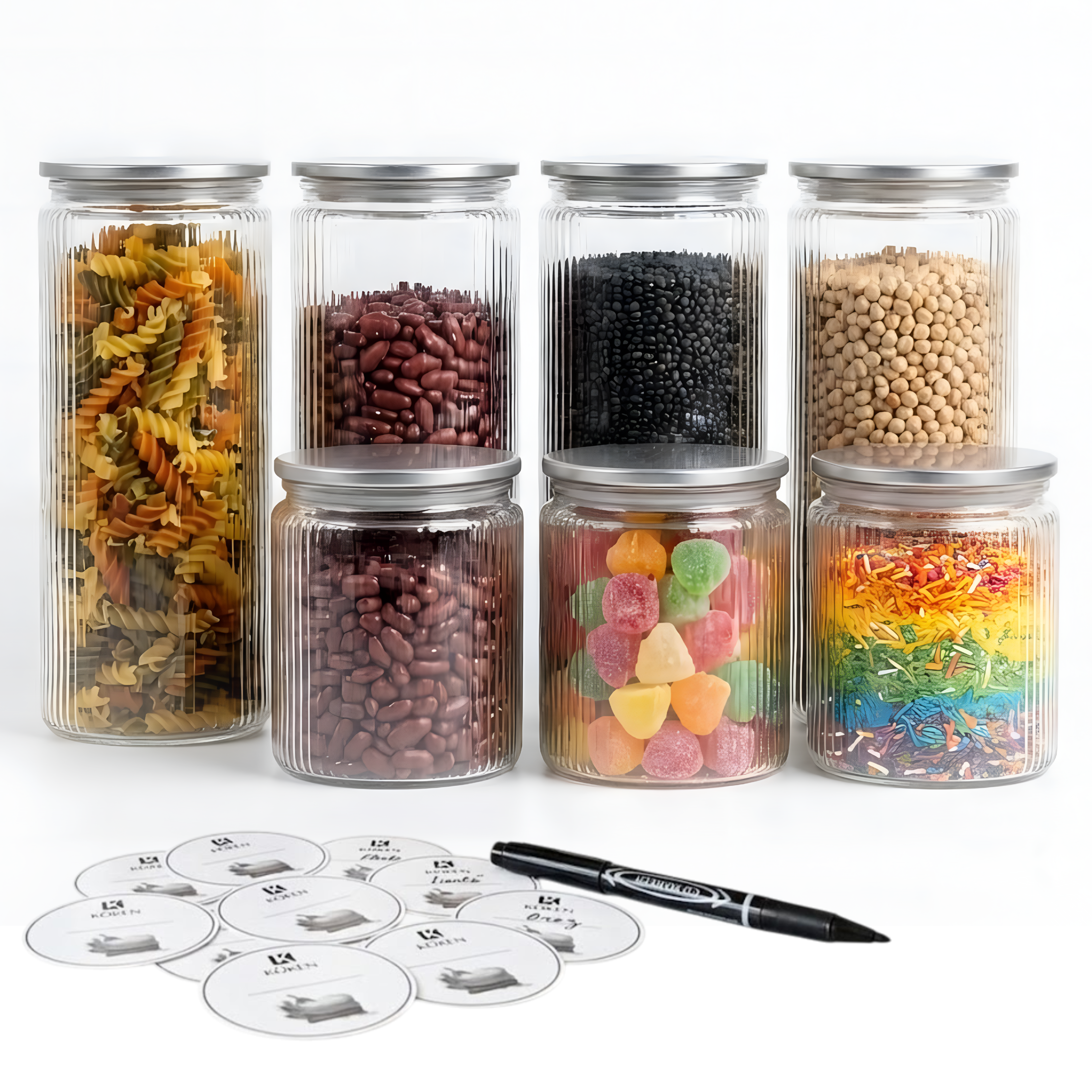 Set 6/7/9 Borcane din sticlă borosilicată Koken, Recipiente cu capac din plastic BPA Free si otel inoxidabil ermetic, pentru depozitarea alimentelor uscate și cereale