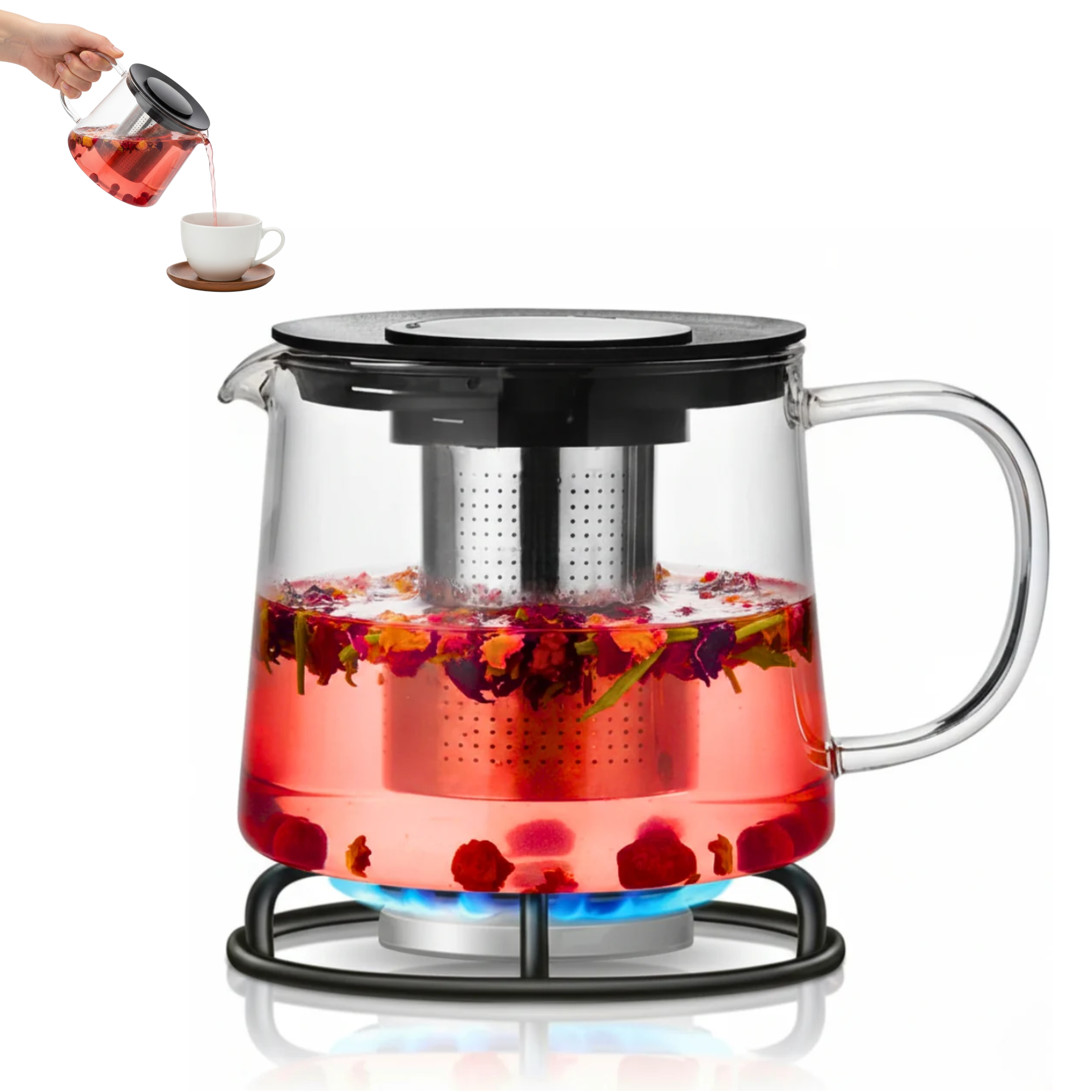 Ceainic sticlă cu infuzor inox Koken, 1500 ml, rezistent la temperaturi, pentru plită și cuptor microunde, compatibil mașina de spălat vase, transparent