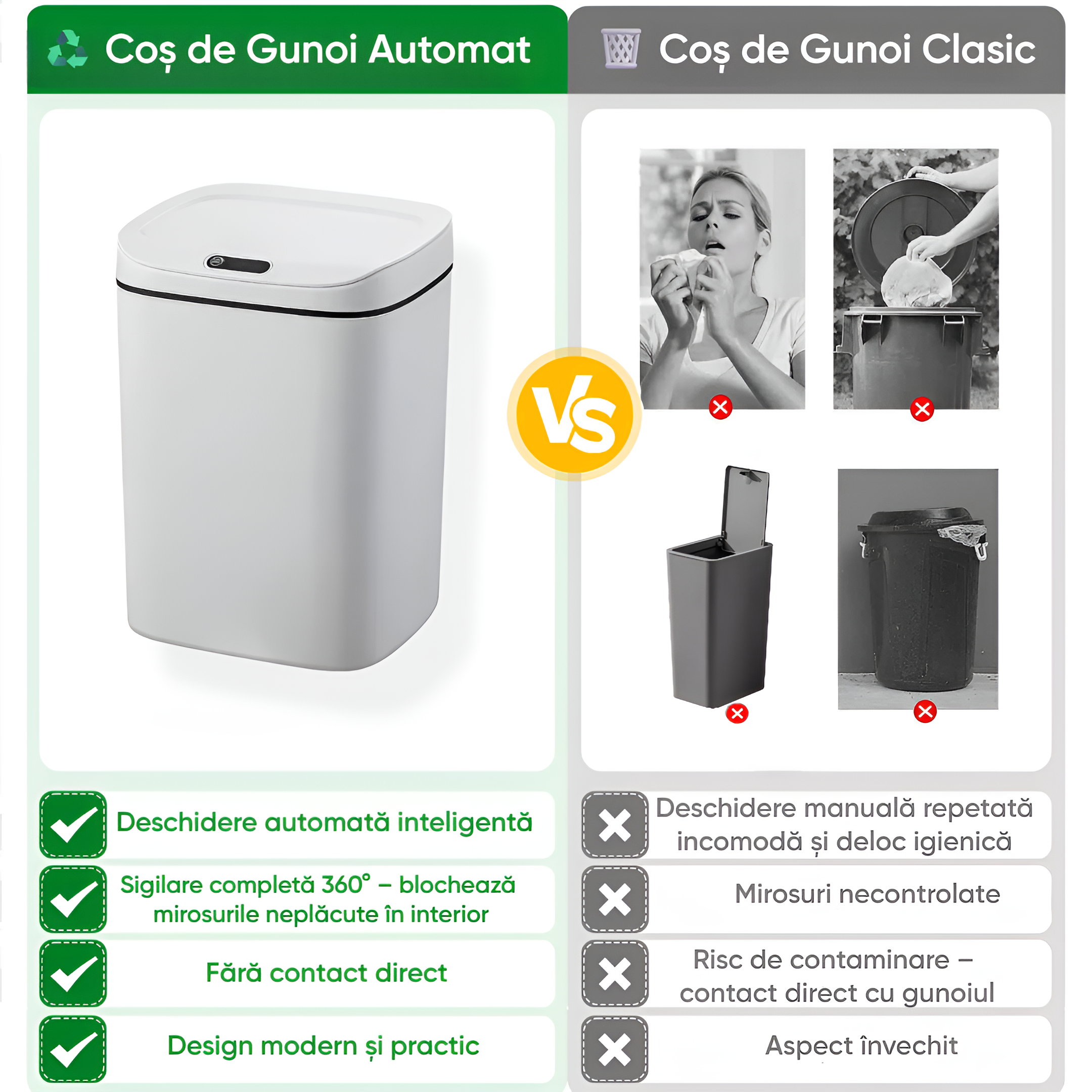 Automatic sensor trash can 16 L Koken, Kitchen, bathroom or office, 2x AA batteries (not included), with anti-odor lid, White