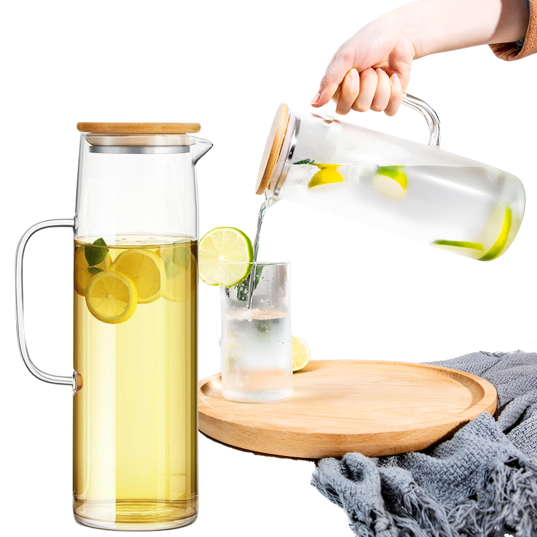 Koken Borosilicate Glass Water Carafe, Container with Bamboo and Stainless Steel Lid, Jug 26 x 8.5 cm, 1500ml, Transparent/Wood