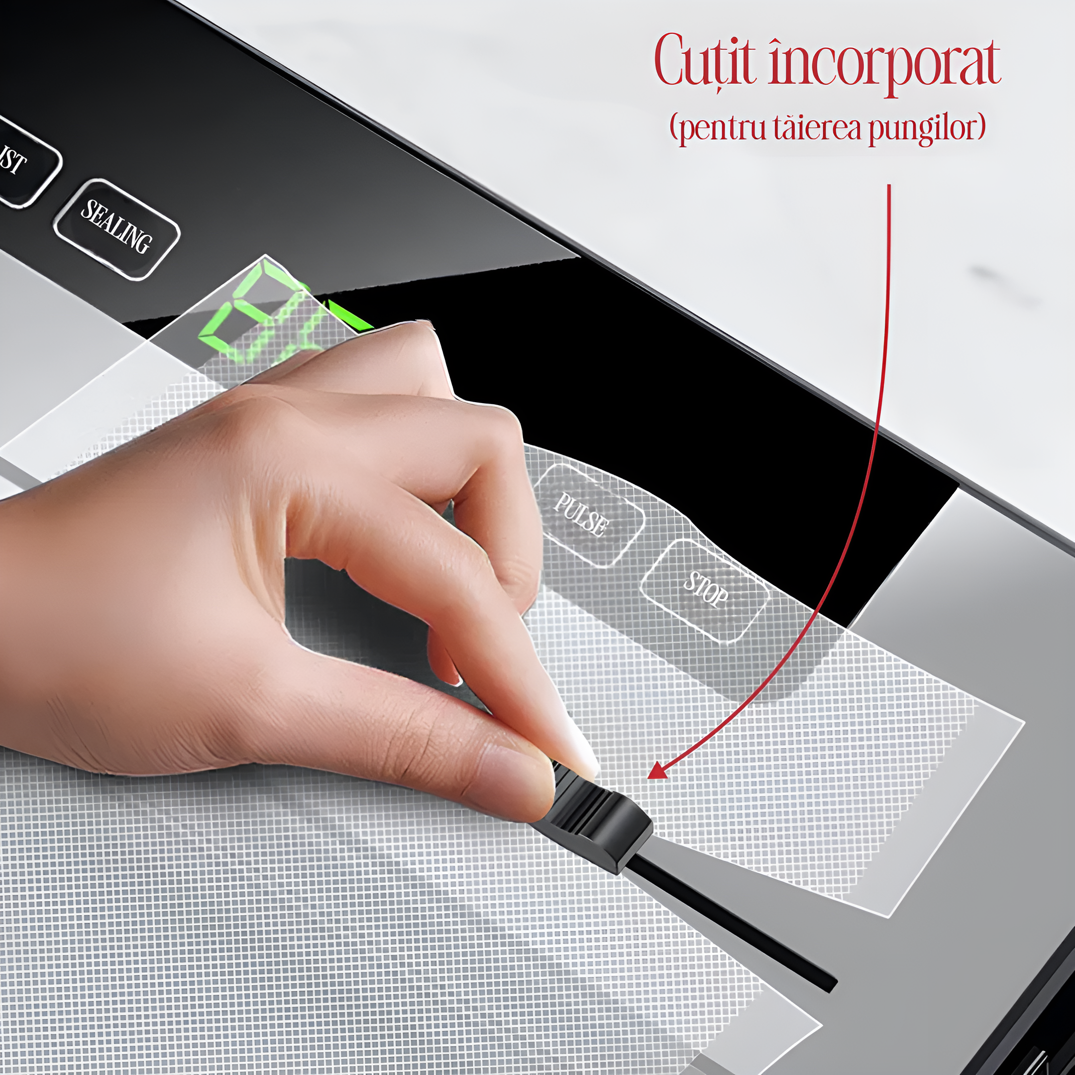 Aparat Profesional de Vidat si Sigilat alimente Koken, Functionare cu o singura atingere, Timp de etansare 10-15 s, bara de lipire 30 cm, Negru/Gri + 20 Pungi Gofrate Cadou