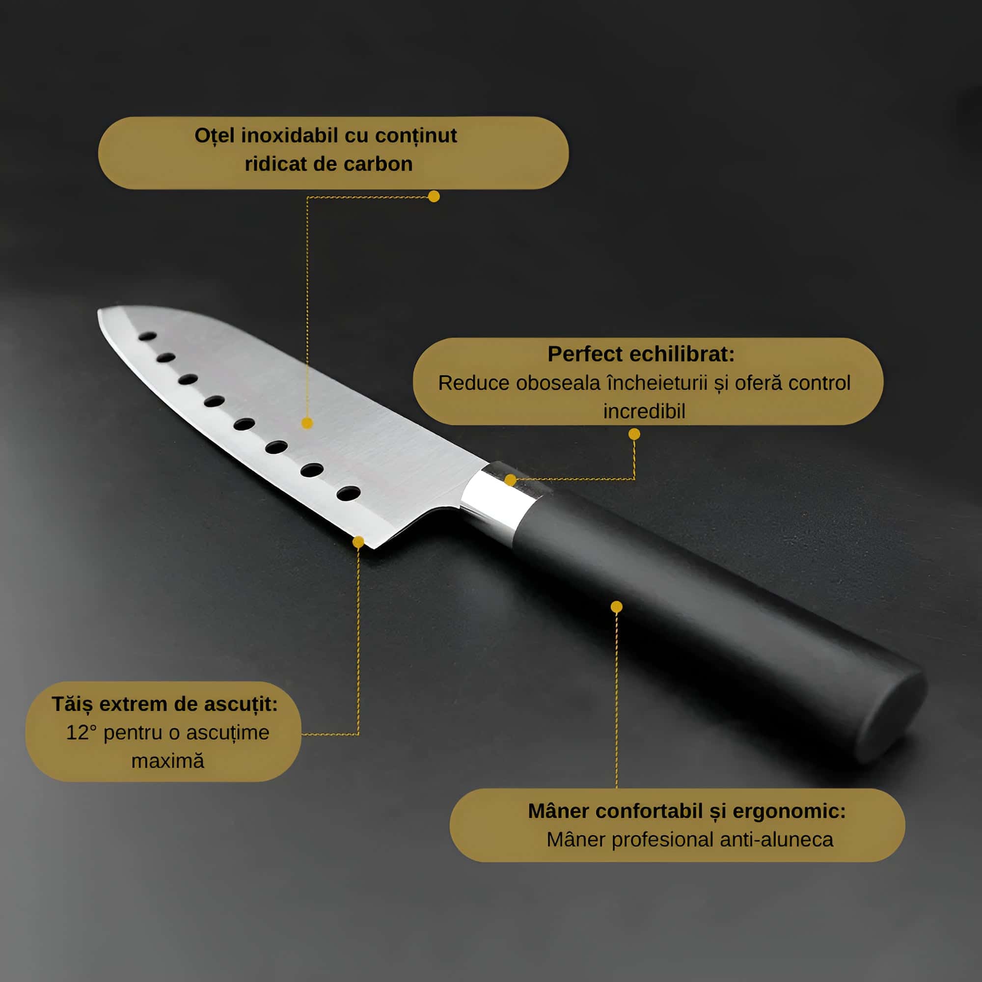 Cutit japonez Santoku Koken versatil in utilizare, lama din otel inoxidabil 17.2 cm, maner din PP, Profesional