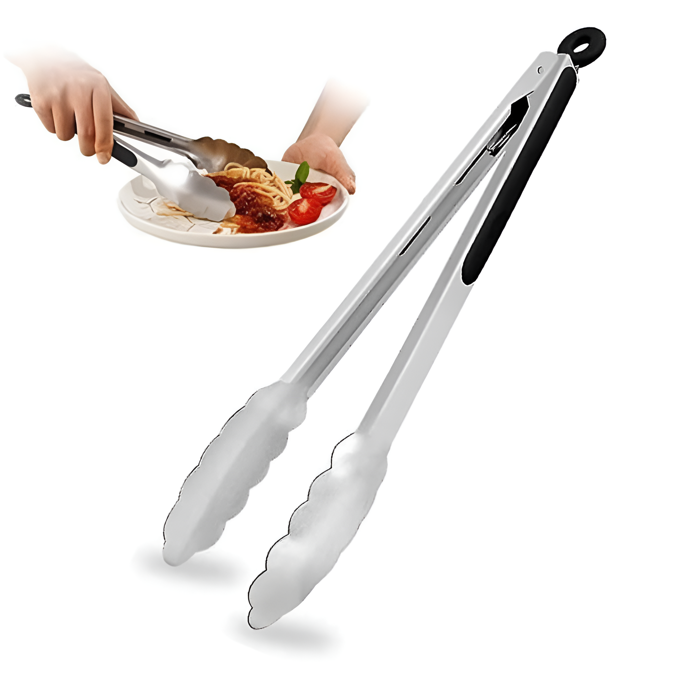 Cleste profesional pentru gratar si bucatarie Koken, Otel inoxidabil/Silicon, Maner Antialunecare, Blocare Practica, gătește și servește cu ușurință, 34,5 x 3,8 cm, Negru/Argintiu