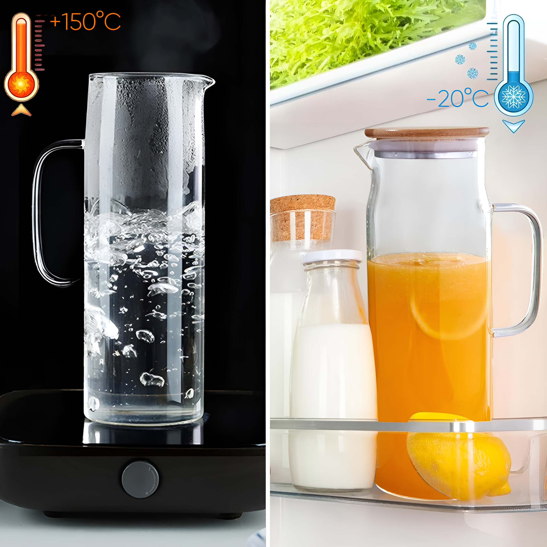 Koken Borosilicate Glass Water Carafe, Container with Bamboo and Stainless Steel Lid, Jug 26 x 8.5 cm, 1500ml, Transparent/Wood