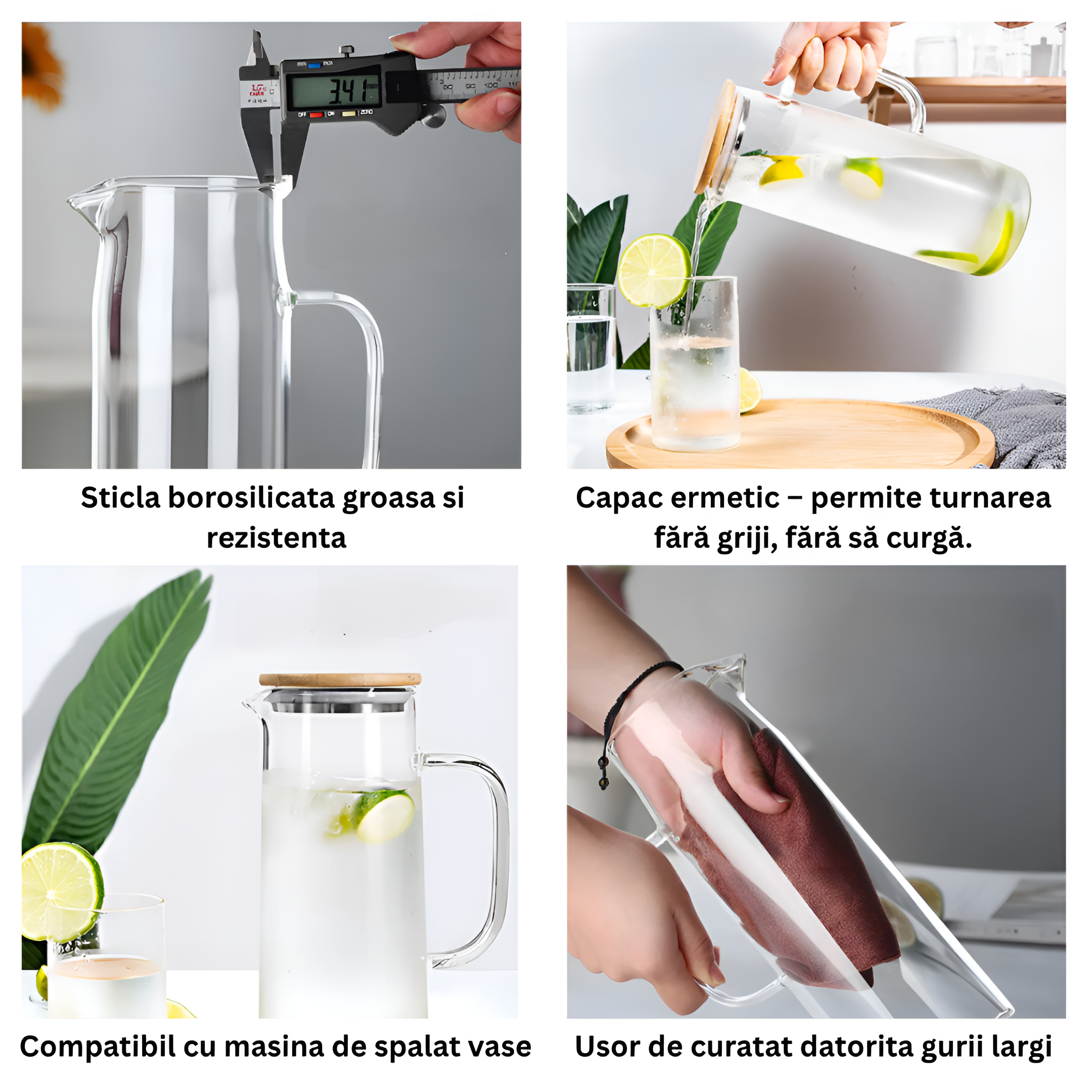 Koken Borosilicate Glass Water Carafe, Container with Bamboo and Stainless Steel Lid, Jug 26 x 8.5 cm, 1500ml, Transparent/Wood