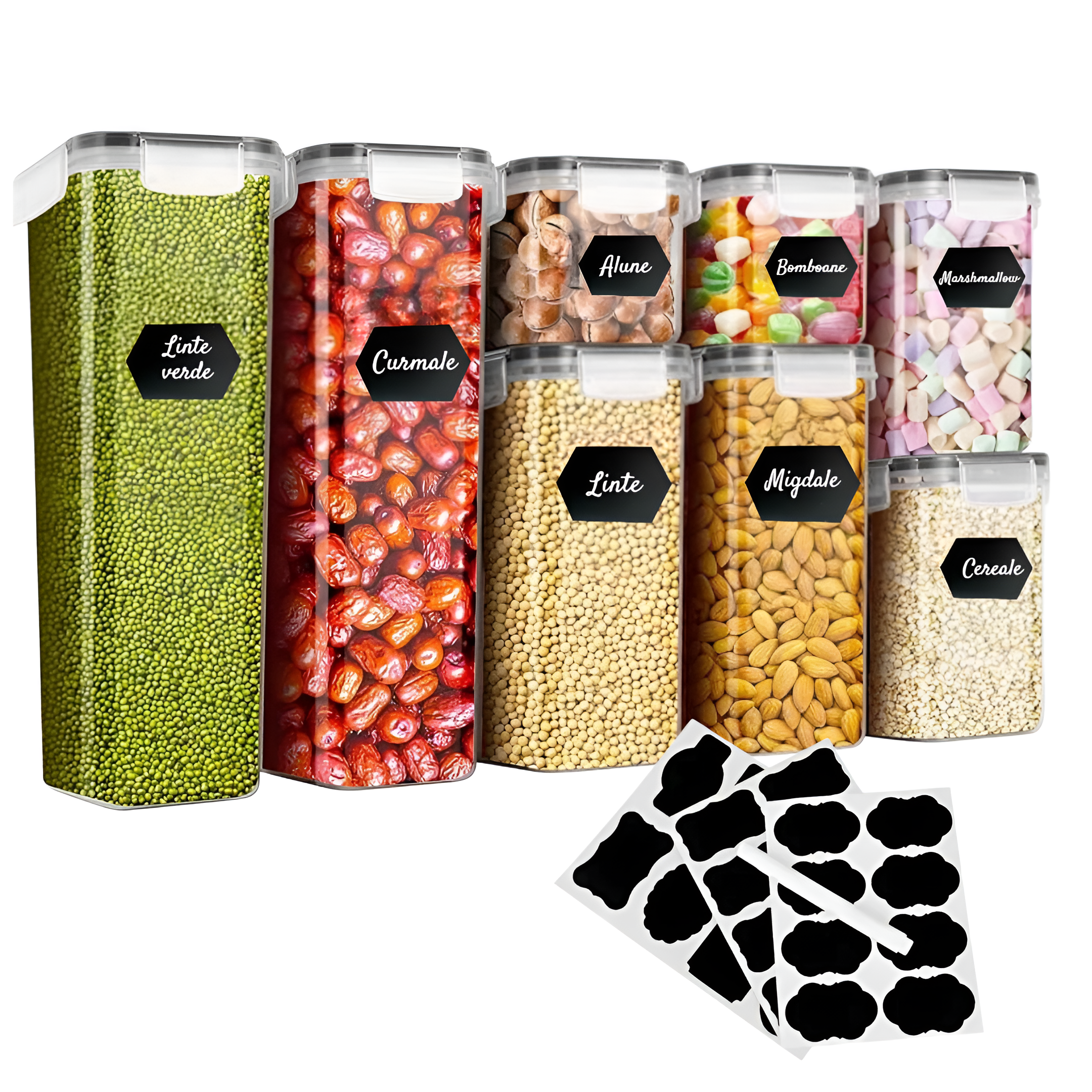 Set 8/7/6 recipiente depozitare Koken, sigure pentru cuptorul cu microunde/masina de spalat vase/congelator, Caserole etanșe depozitare alimente, plastic fara BPA, Transparent/Negru