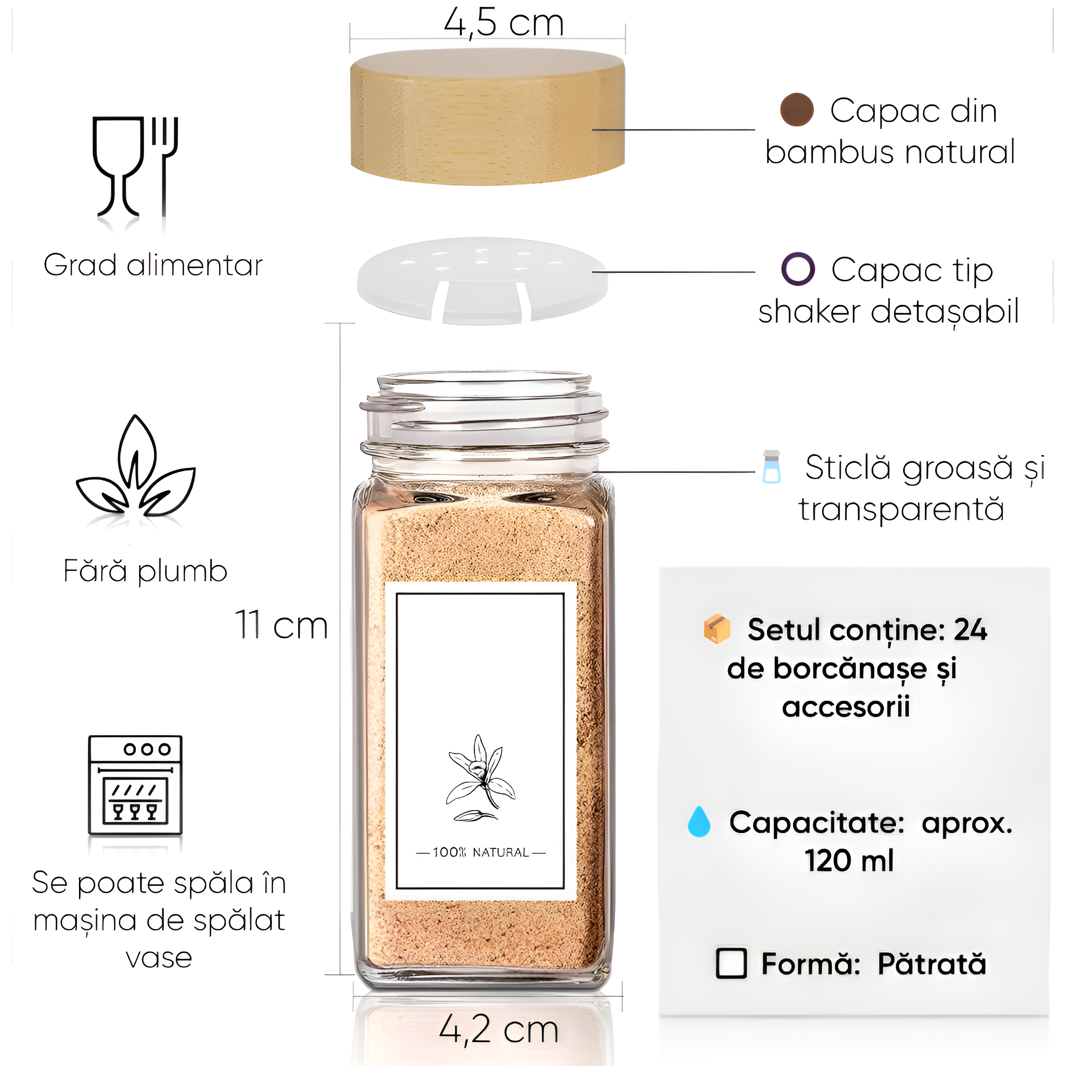 Set recipiente pentru condimente Koken depozitare condimente, organizator condimente din 24 sticlute cu capace de dozaj de 120 ml, borcane condimente, perie, palnie, etichete si marker, capac etans din bambus, Transparent