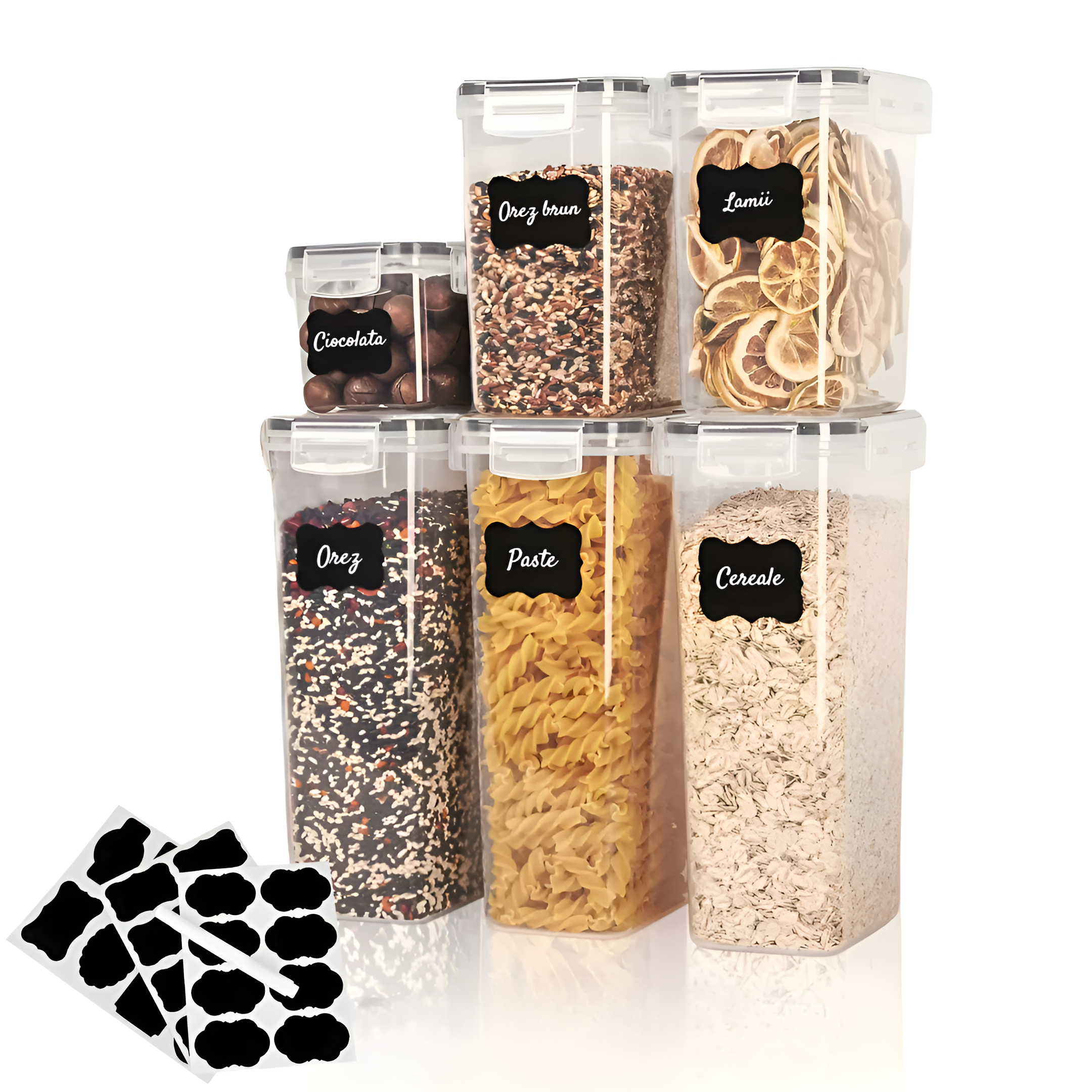 Set 8/7/6 recipiente depozitare Koken, sigure pentru cuptorul cu microunde/masina de spalat vase/congelator, Caserole etanșe depozitare alimente, plastic fara BPA, Transparent/Negru