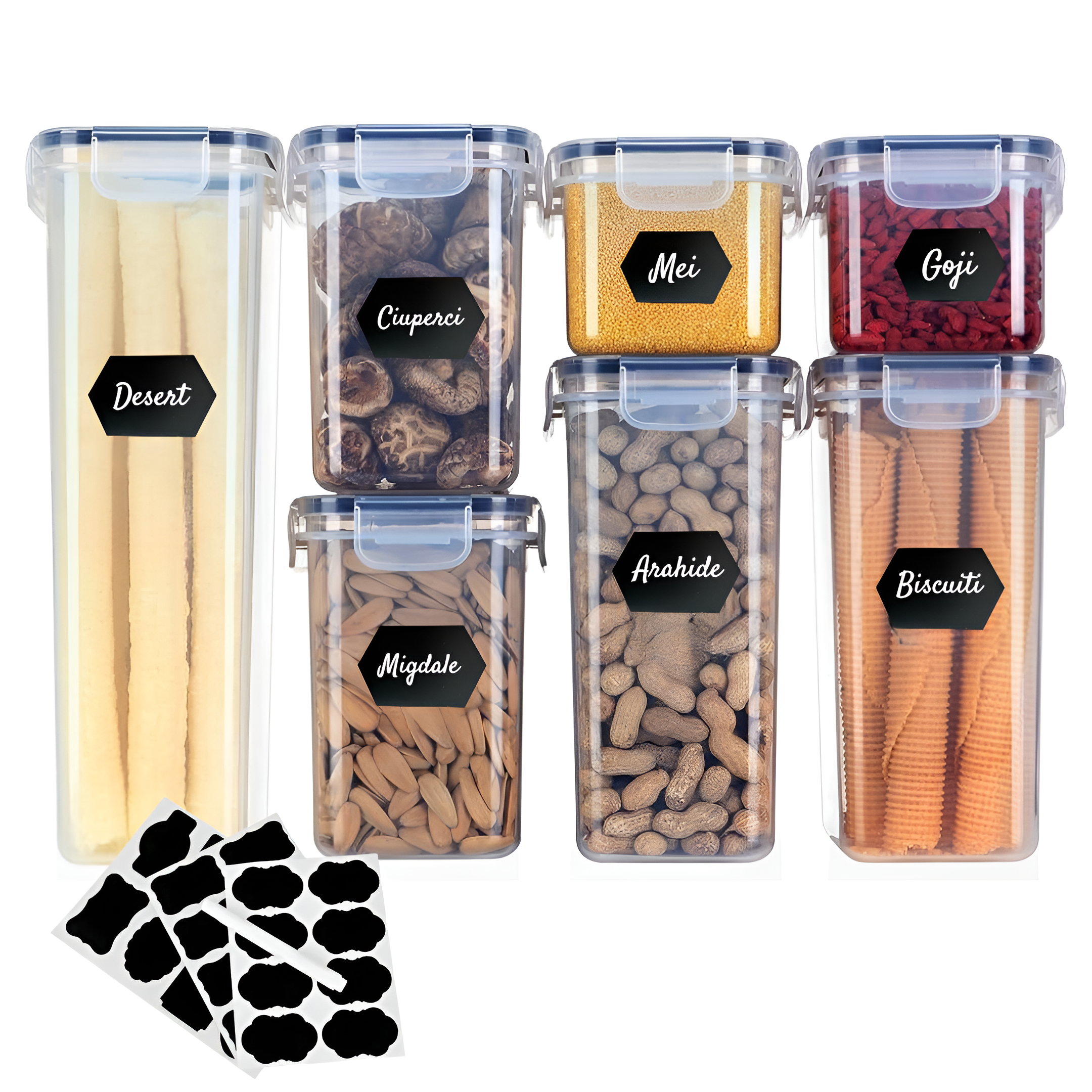 Set 8/7/6 recipiente depozitare Koken, sigure pentru cuptorul cu microunde/masina de spalat vase/congelator, Caserole etanșe depozitare alimente, plastic fara BPA, Transparent/Negru