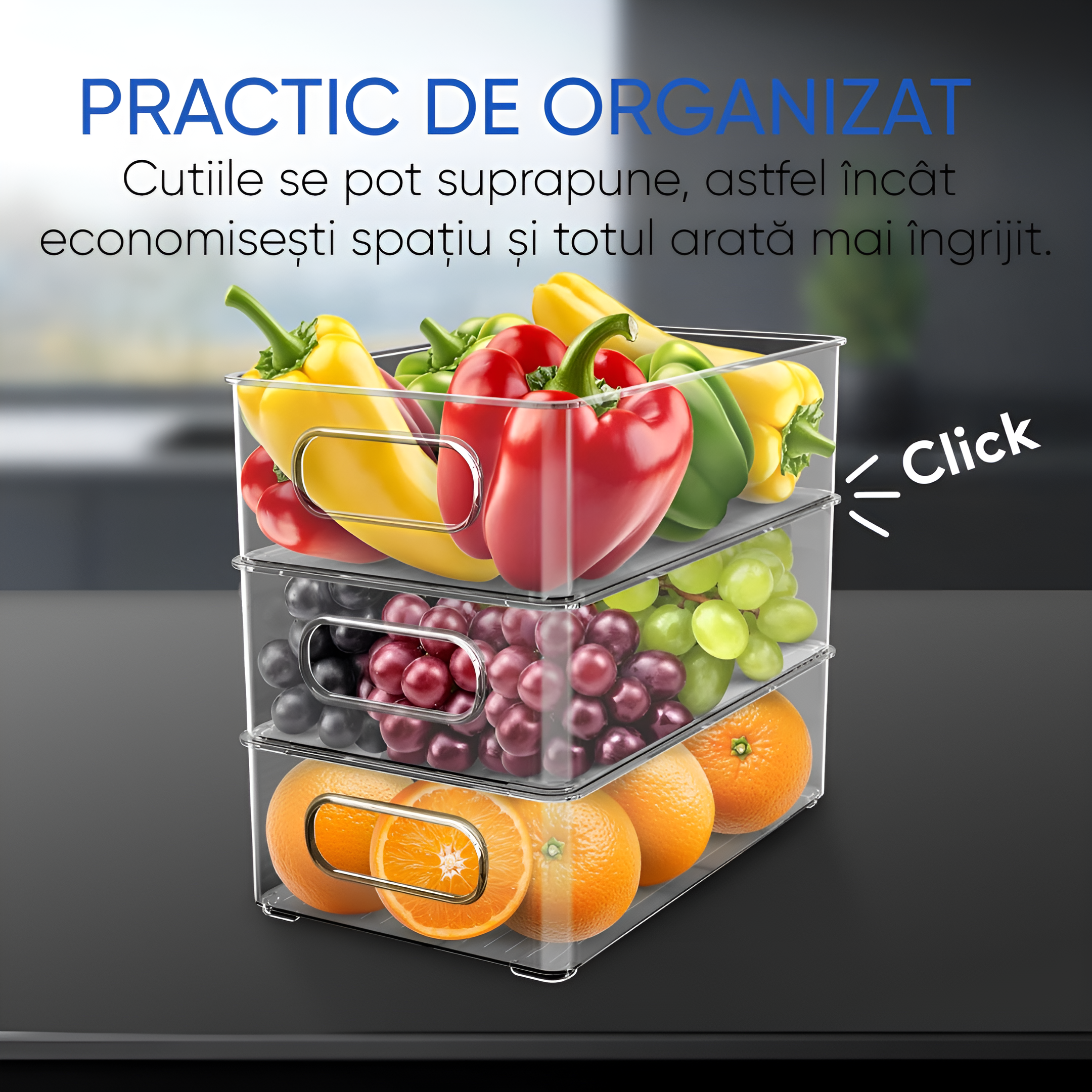 Set Cutii de depozitare cu capac Koken, pentru frigider, birou, bucatarie, pot fi si suprapuse, transparente si usor de curatat, 29 x 20,5 x 15 cm