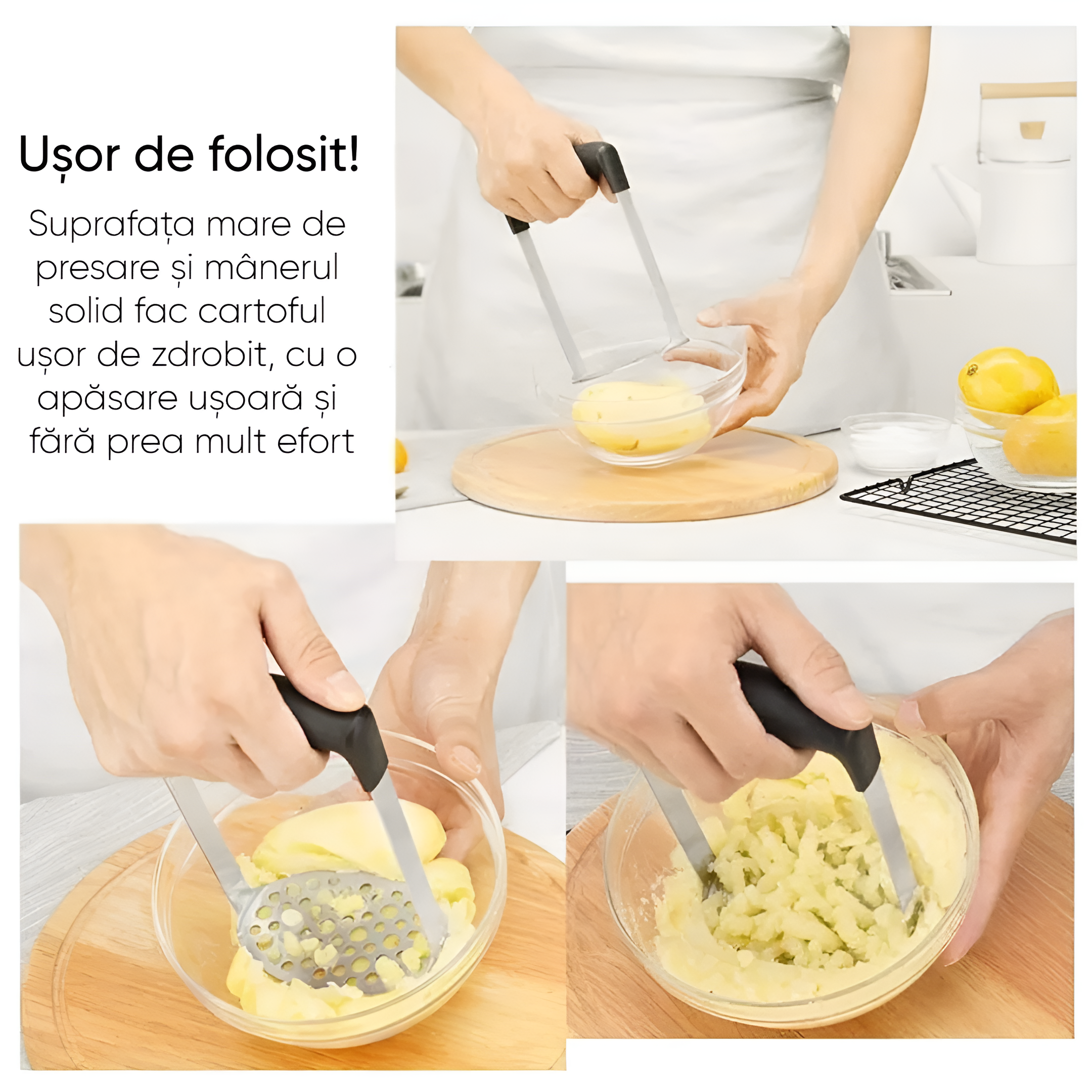 Zdrobitor pentru cartofi Koken, din oțel inoxidabil, Presa cu mâner ergonomic anti-alunecare, pasator manual pentru legume, 16,8 x 11,2 x 7,2 cm, Negru/Argintiu