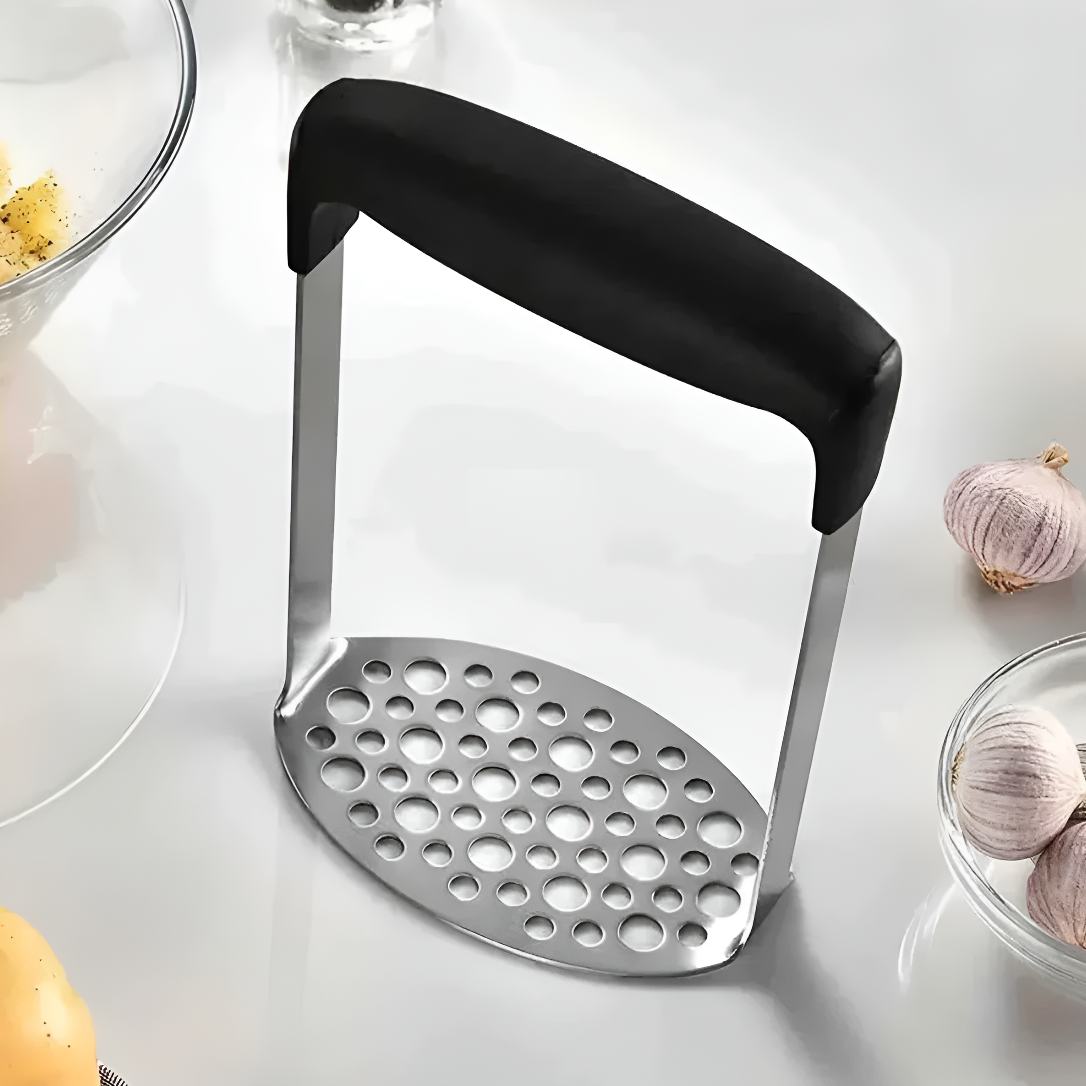 Zdrobitor pentru cartofi Koken, din oțel inoxidabil, Presa cu mâner ergonomic anti-alunecare, pasator manual pentru legume, 16,8 x 11,2 x 7,2 cm, Negru/Argintiu