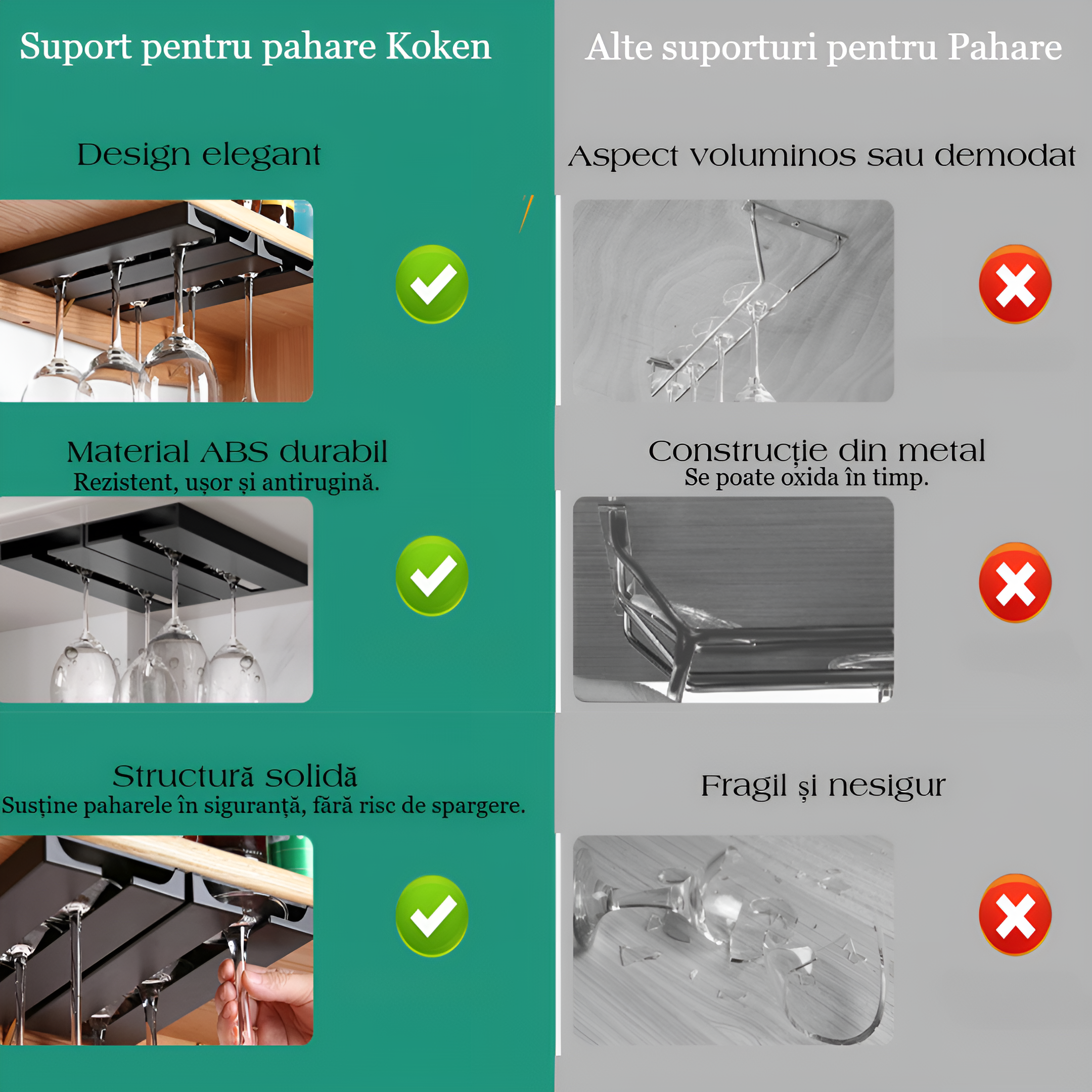 Suport suspendat pentru pahare cu picior Koken, potrivit pentru diverse tipuri de pahare, 2 x 11x 25 cm, Plastic/Negru