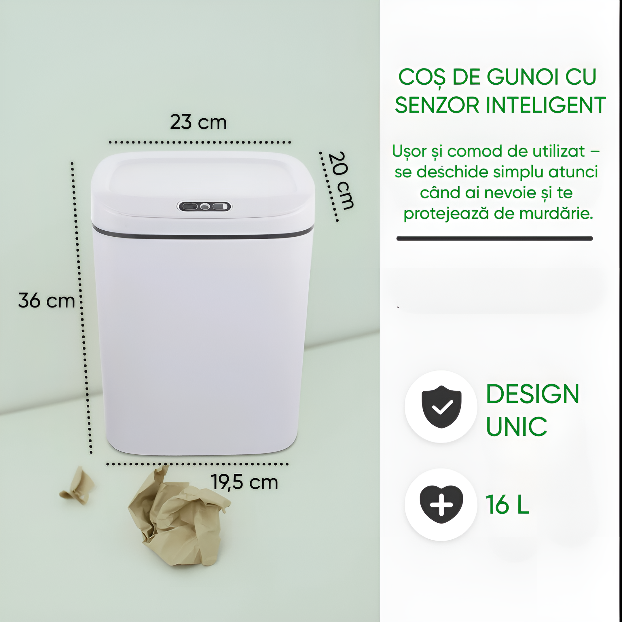 Automatic sensor trash can 16 L Koken, Kitchen, bathroom or office, 2x AA batteries (not included), with anti-odor lid, White