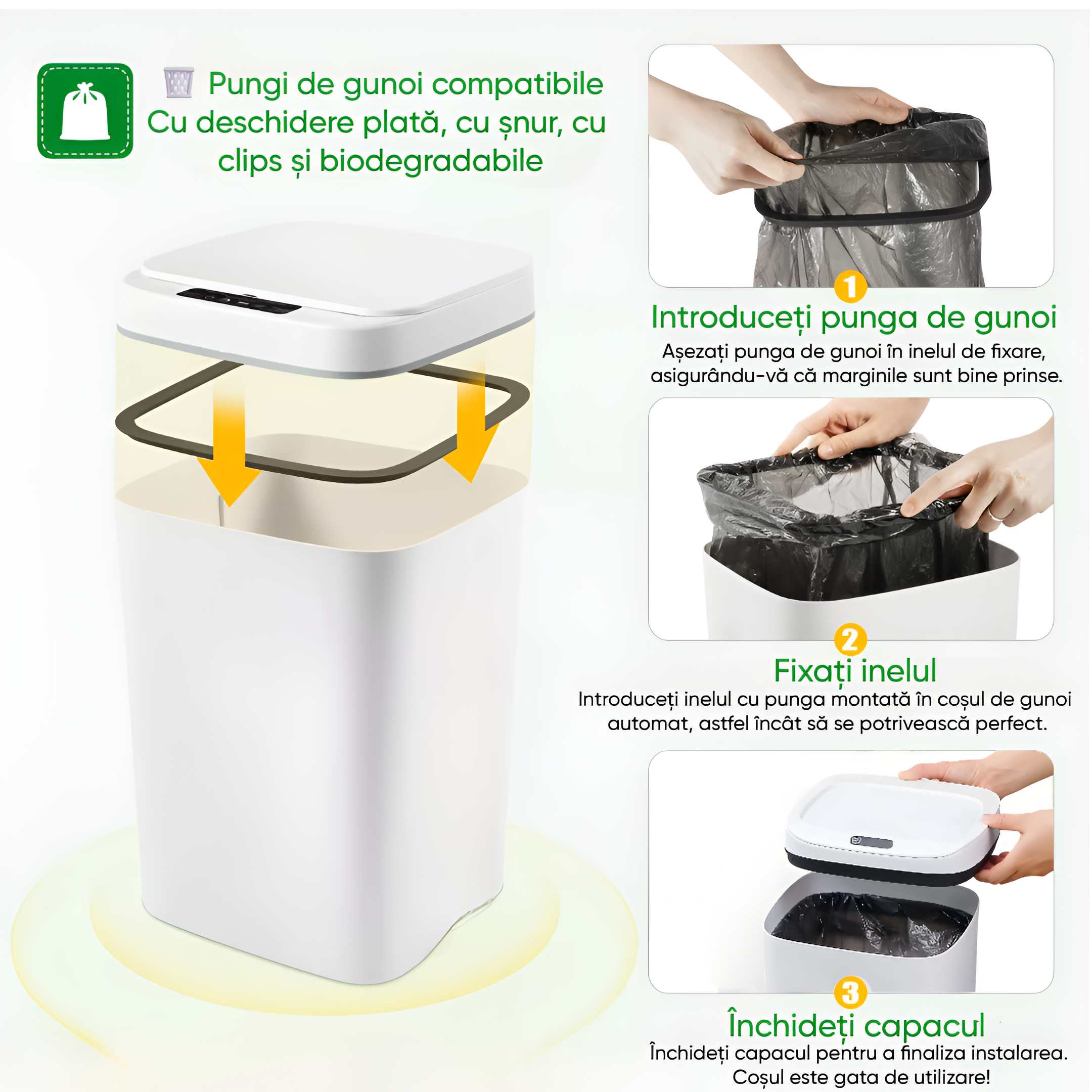 Automatic sensor trash can 16 L Koken, Kitchen, bathroom or office, 2x AA batteries (not included), with anti-odor lid, White