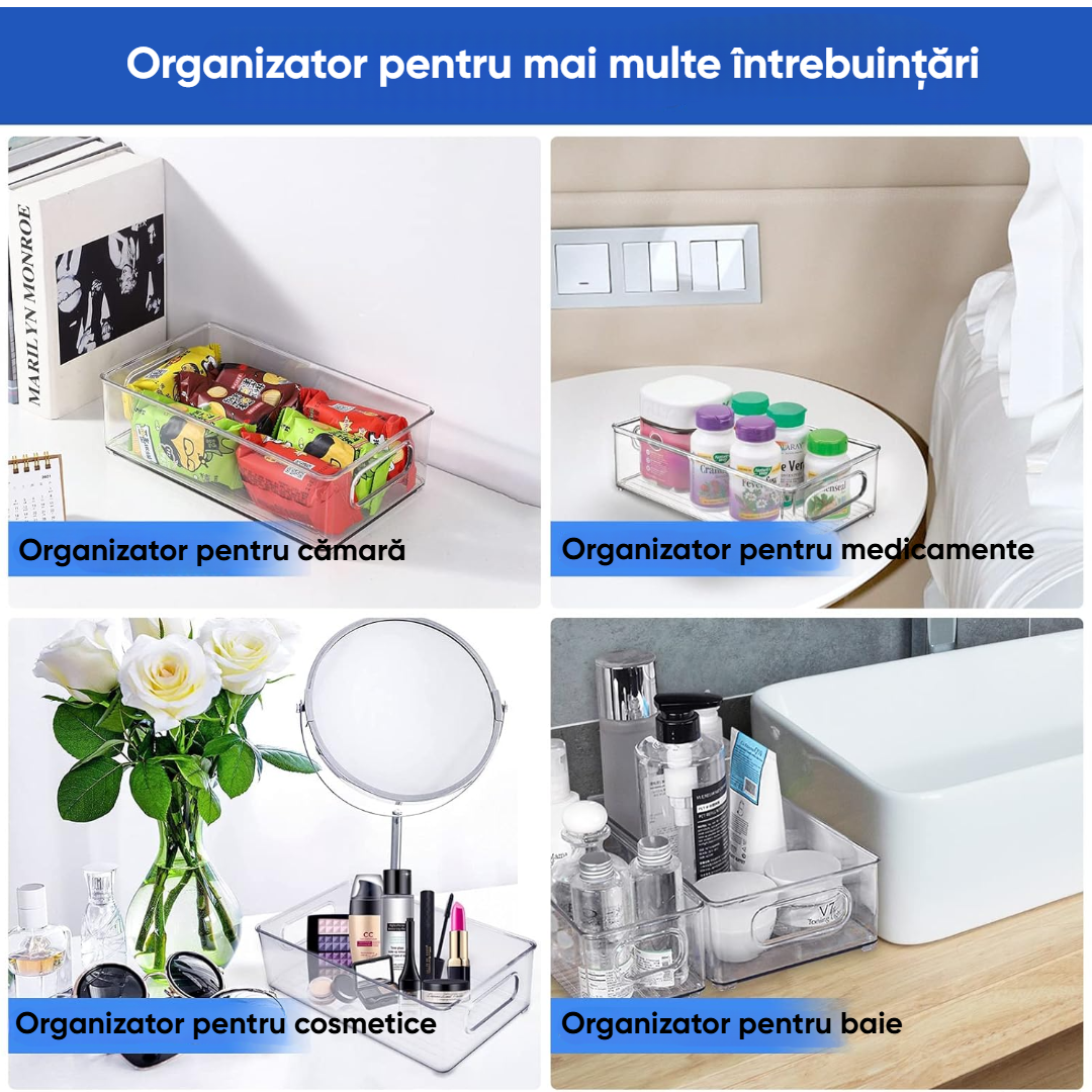 Set Cutii de depozitare cu capac Koken, pentru frigider, birou, bucatarie, pot fi si suprapuse, transparente si usor de curatat, 29 x 20,5 x 15 cm
