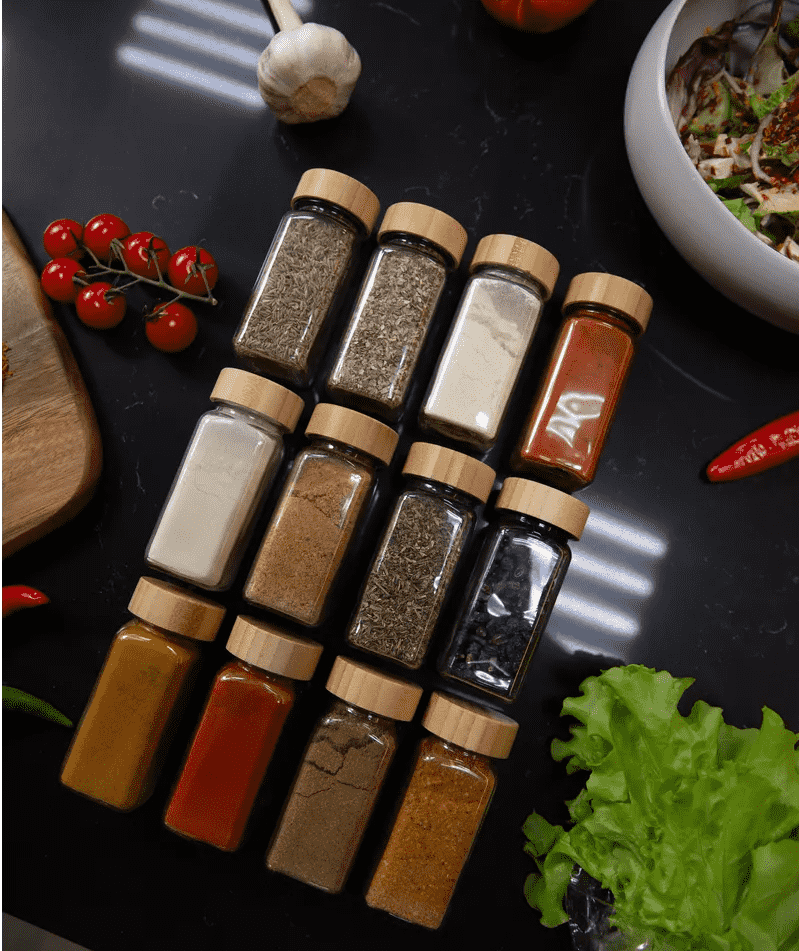 Set of 12 Koken spice bottles, spice containers 120 ml, airtight bamboo lid, Transparent
