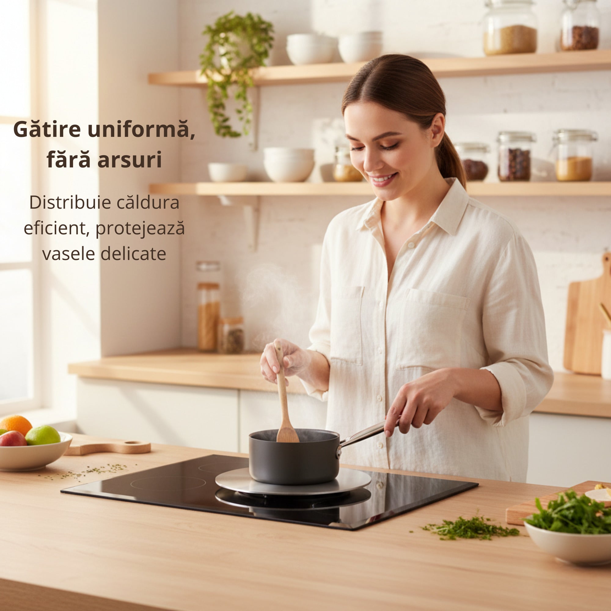 Femeie care gateste intr-o bucatarie moderna, folosind o oala asezata pe un adaptor pentru plita cu inductie Koken, pe o plita cu suprafata neagra lucioasa. In jur se vad ingrediente proaspete si decor minimalist.