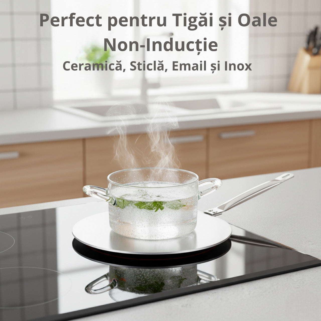 Adaptor pentru plita cu inductie Koken, din inox, folosit cu o oala din sticla transparenta in care fierbe apa cu frunze verzi, asezata pe o plita cu suprafata neagra lucioasa, intr-o bucatarie moderna si luminoasa.