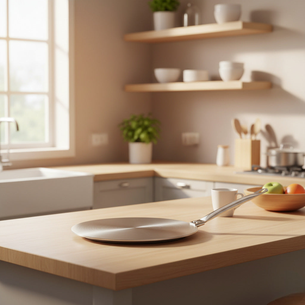Adaptor pentru plita cu inductie Koken, din inox, asezat pe un blat de bucatarie din lemn deschis la culoare, intr-o bucatarie moderna si luminoasa, cu decor minimalist si plante verzi in fundal.