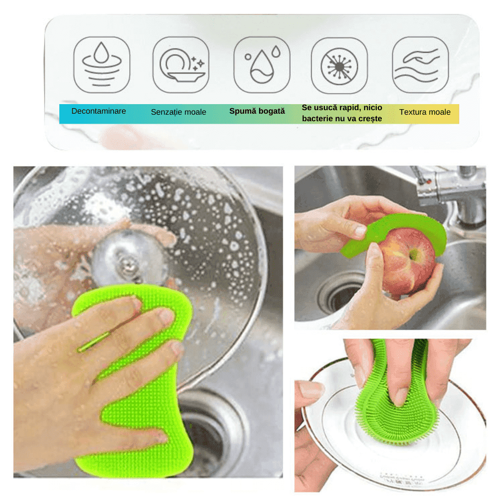 Burete Silicon Koken.ro, Set bureti de vase multifunctional, Rezistent, Reutilizabill, pentru Bucatarie/Baie, Antibacterian, Multicolor, 12,5 x 7 cm - köken