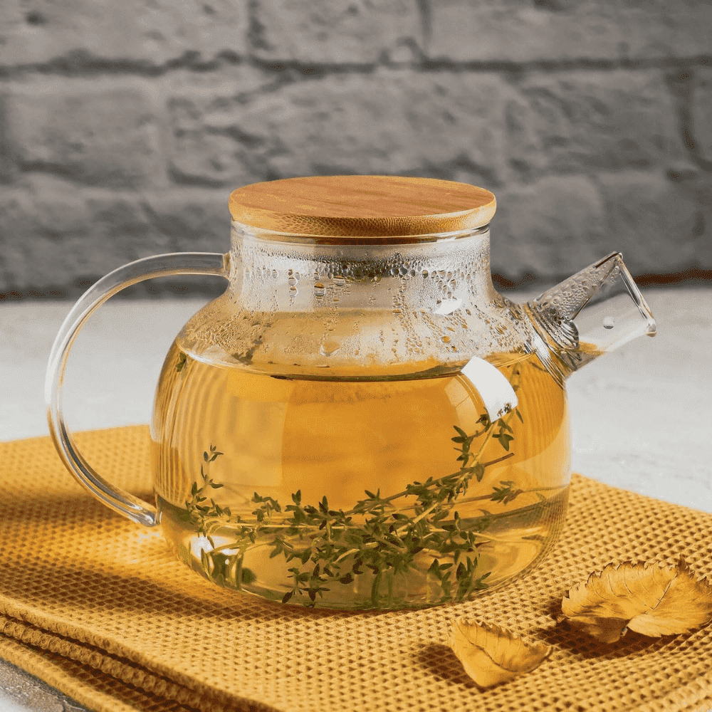 Ceainic cu infuzor Koken.ro, Sticla termorezistentă borosilicată, 950 ml, Capacul din bambus/oțel inoxidabil, Rezistent la temperaturi extreme 150℃, - köken
