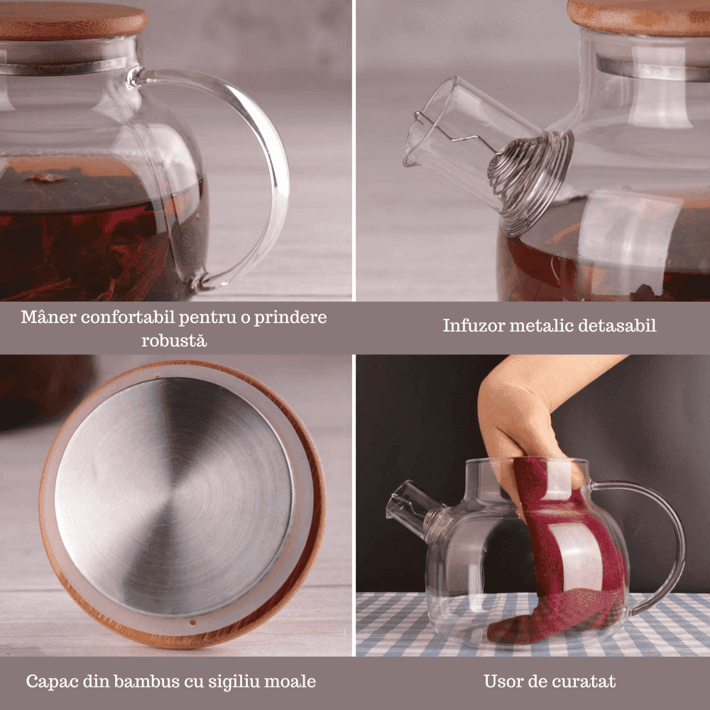 Ceainic cu infuzor Koken.ro, Sticla termorezistentă borosilicată, 950 ml, Capacul din bambus/oțel inoxidabil, Rezistent la temperaturi extreme 150℃, - köken