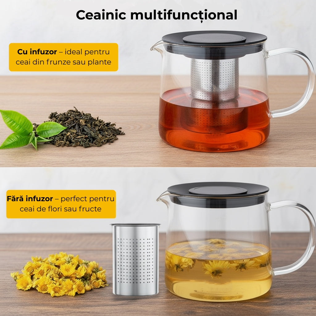 Ceainic multifunctional Koken, din sticla borosilicata cu infuzor este ideal pentru ceai din frunze sau plante. Fara infuzor este perfect pentru ceai de flori sau fructe.