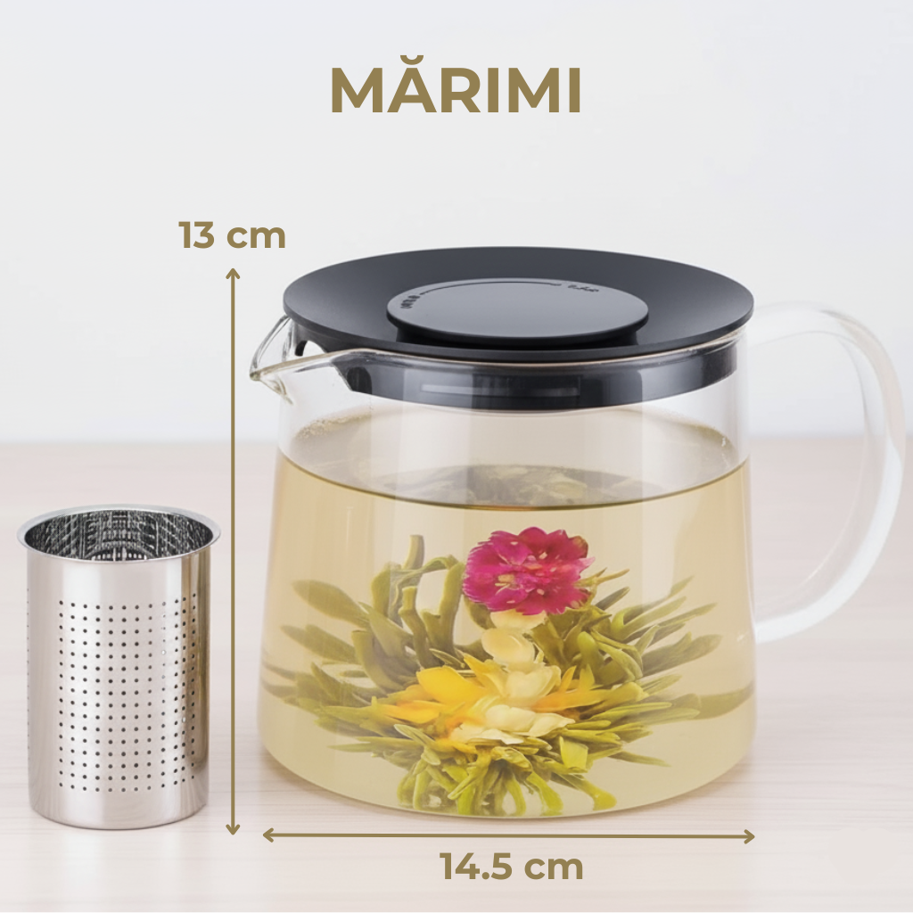Ceainic din sticla borosilicata de 1.5L cu marimi de 13 cm inaltime si 14.5 cm diametru.