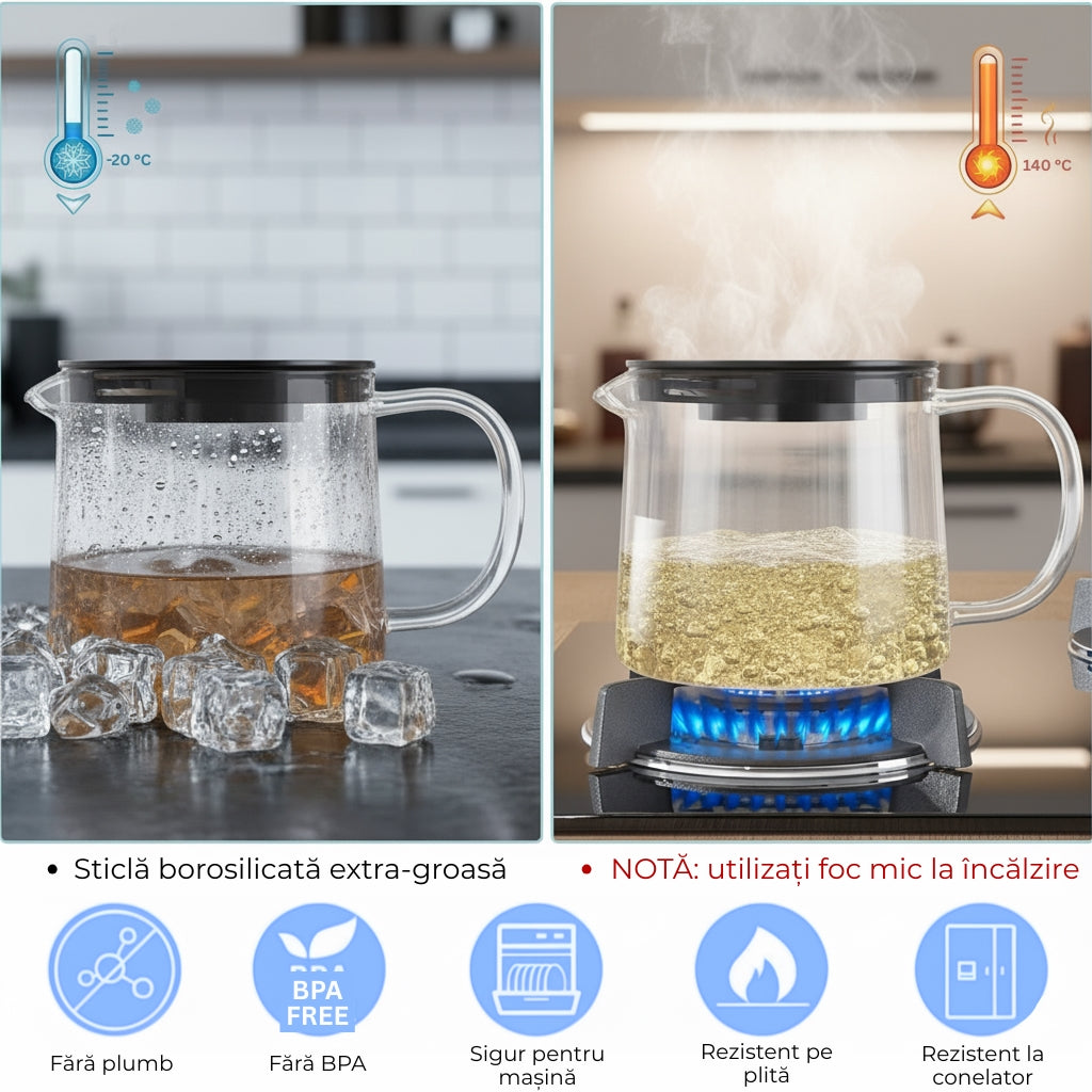 Ceainic koken poate fi utilizat atat in congelator cat si pe plita cu gaz, dar este nevoie de folosit un foc mic. Este fara plumb, fara Bpa.