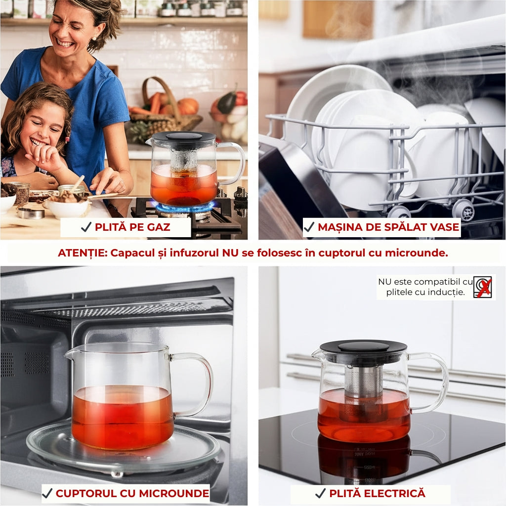 Ceainicul Koken folosit in cuptorul cu microunde. Sigur pentru plita electrica dar nu poate fi folosit pe plita pe inductie. E sigur pentru masina de spalat vase si plita pe gaz. Dar capacul si infuzorul nu se foloses in cuptorul cu microunde.