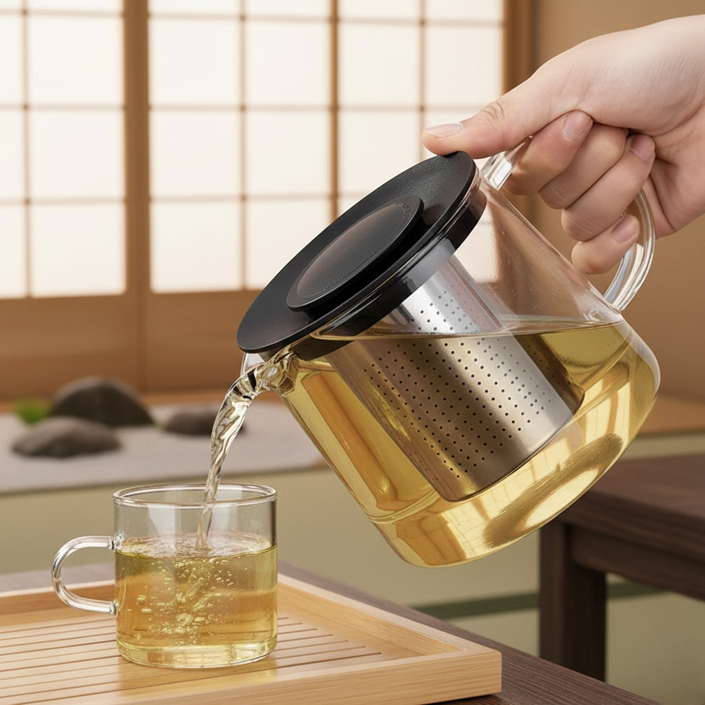 Din ceainic Koken din sticla borosilicat transparenta, se toarna ceai in cana.