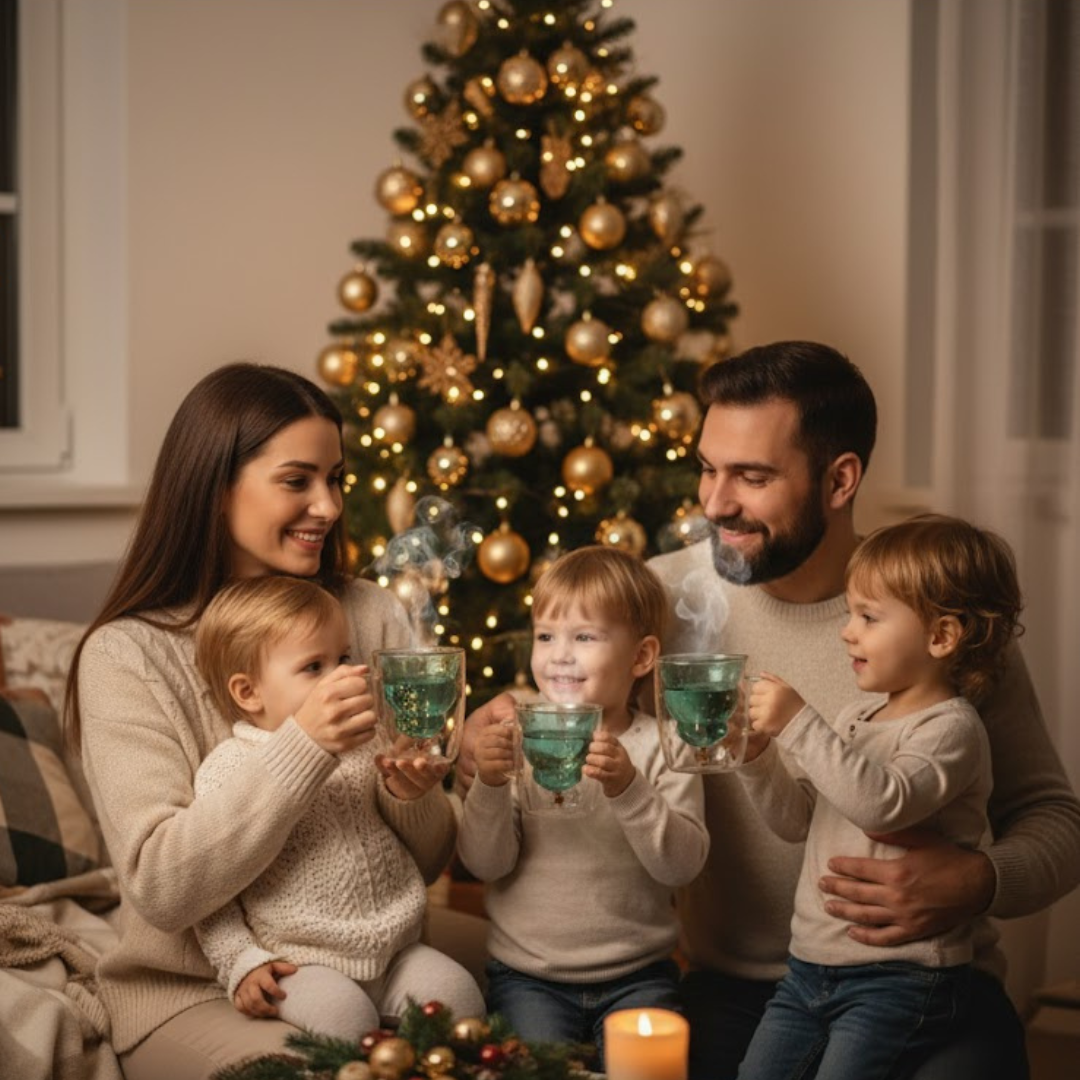 Cana cu tematica de Craciun, pentru ceai si cafea din sticla termorezistenta cu pereti dubli Koken, 320 ml, Sticla borosilicata, ceasca eleganta si transparenta