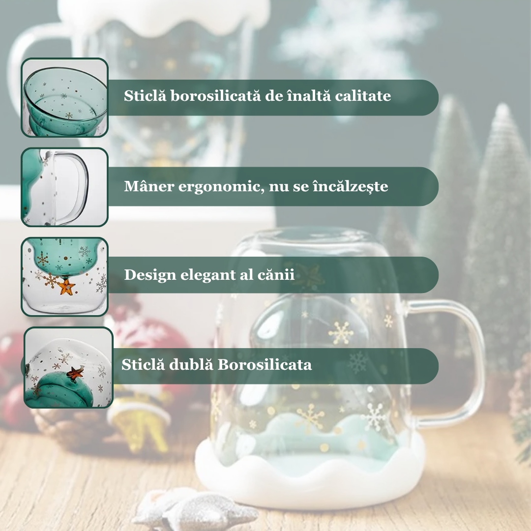 Cana cu tematica de Craciun, pentru ceai si cafea din sticla termorezistenta cu pereti dubli Koken, 320 ml, Sticla borosilicata, ceasca eleganta si transparenta