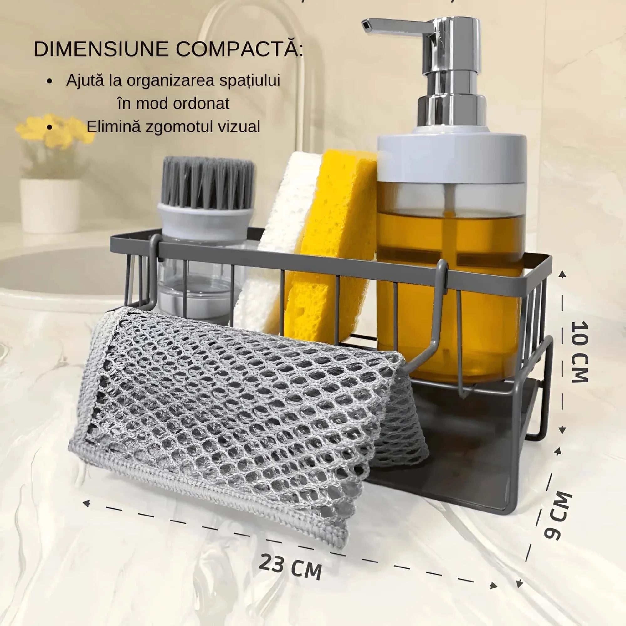 In poza este prezentata marimea organizatorului: 23 cm x 9 cm x 10 cm. Dimensiunea compacta ajuta la organizarea spatiului in mod ordonat, elimina zgomotul vizual.