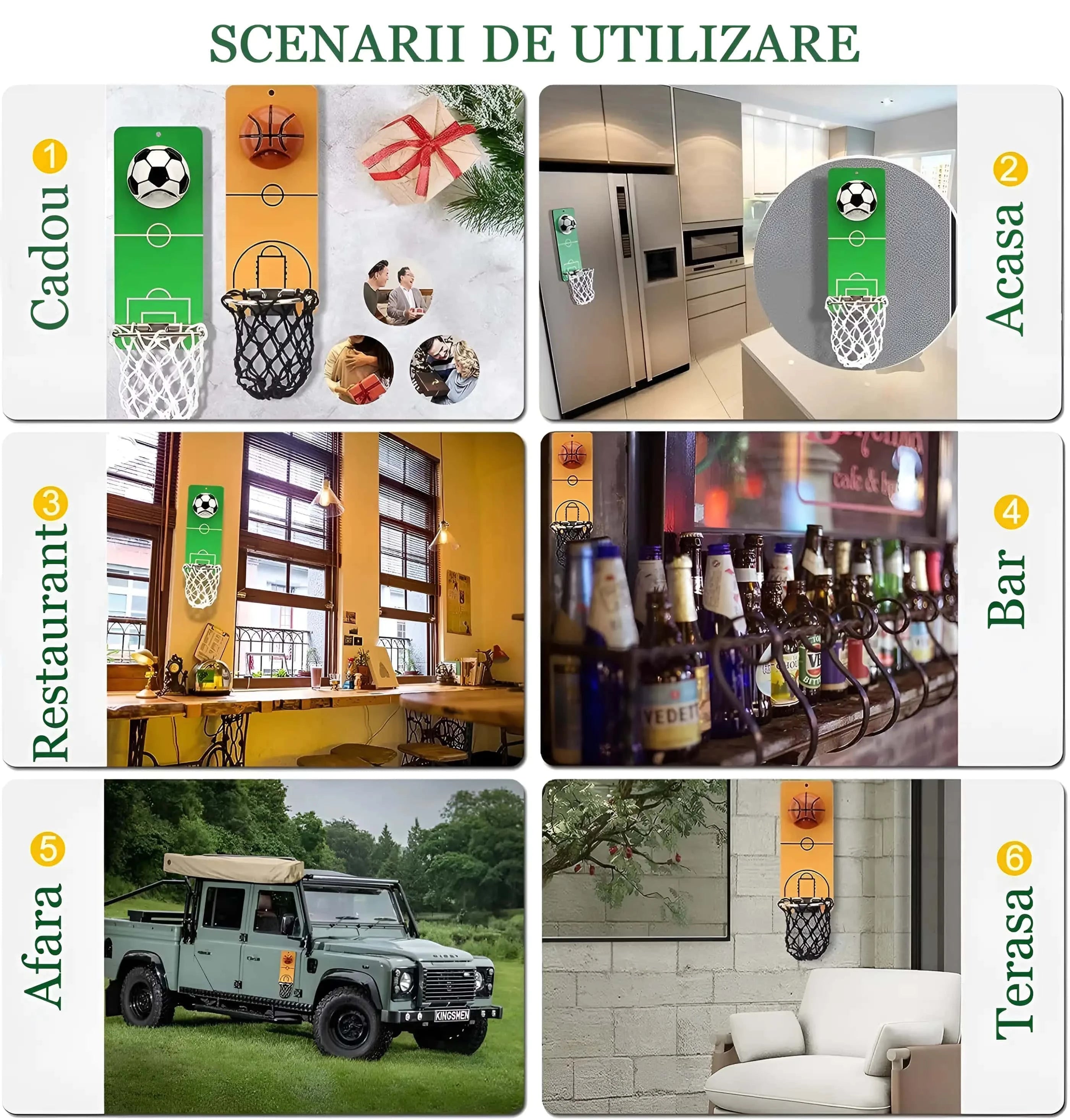 In poza sunt prezentate cateva scenarii de utilizare: cadou, acasa, restaurant, bar, afara, terasa.