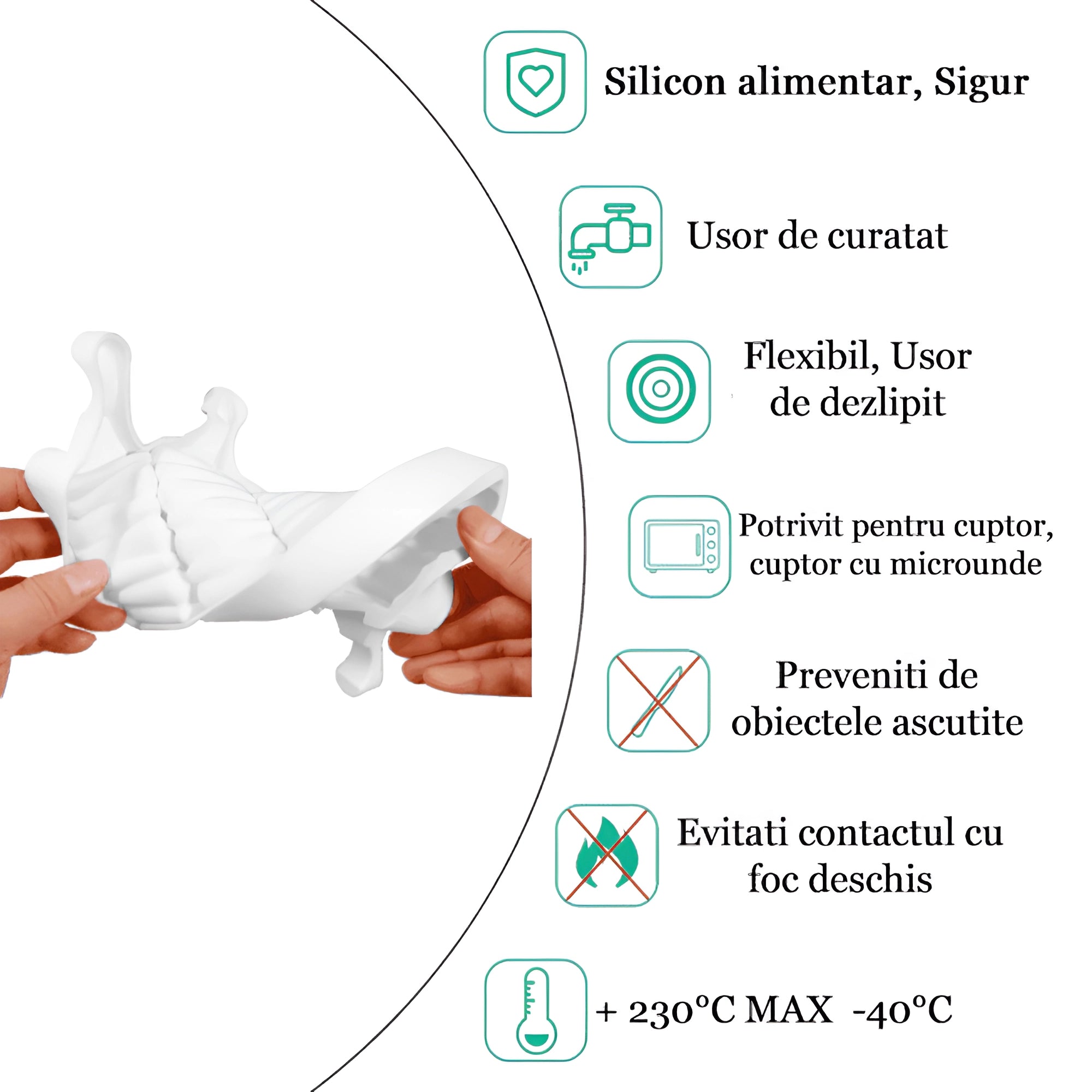 In poza sunt enumerate informatiile de baza despre formele din silicon: silicon alimentar, usor de curatit, flexibil, usor de dezlipit, potrivit pentru cuptor cu microunde, preveniti de obiectele ascutite, evitati contactul cu foc deschis, +230°C MAX -40°C.