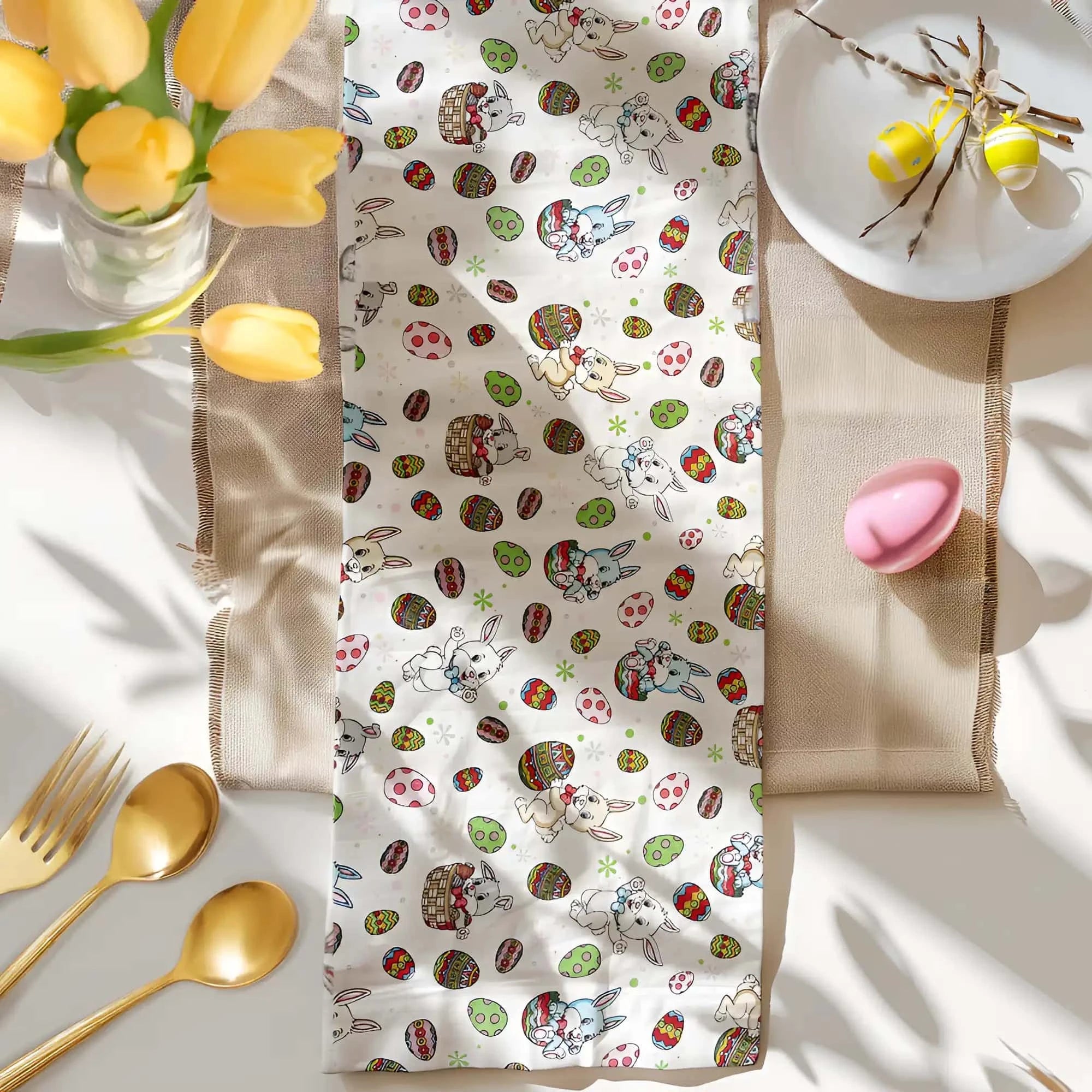 In poza este reprezentata traversa de masa cu un decor de Pasti.