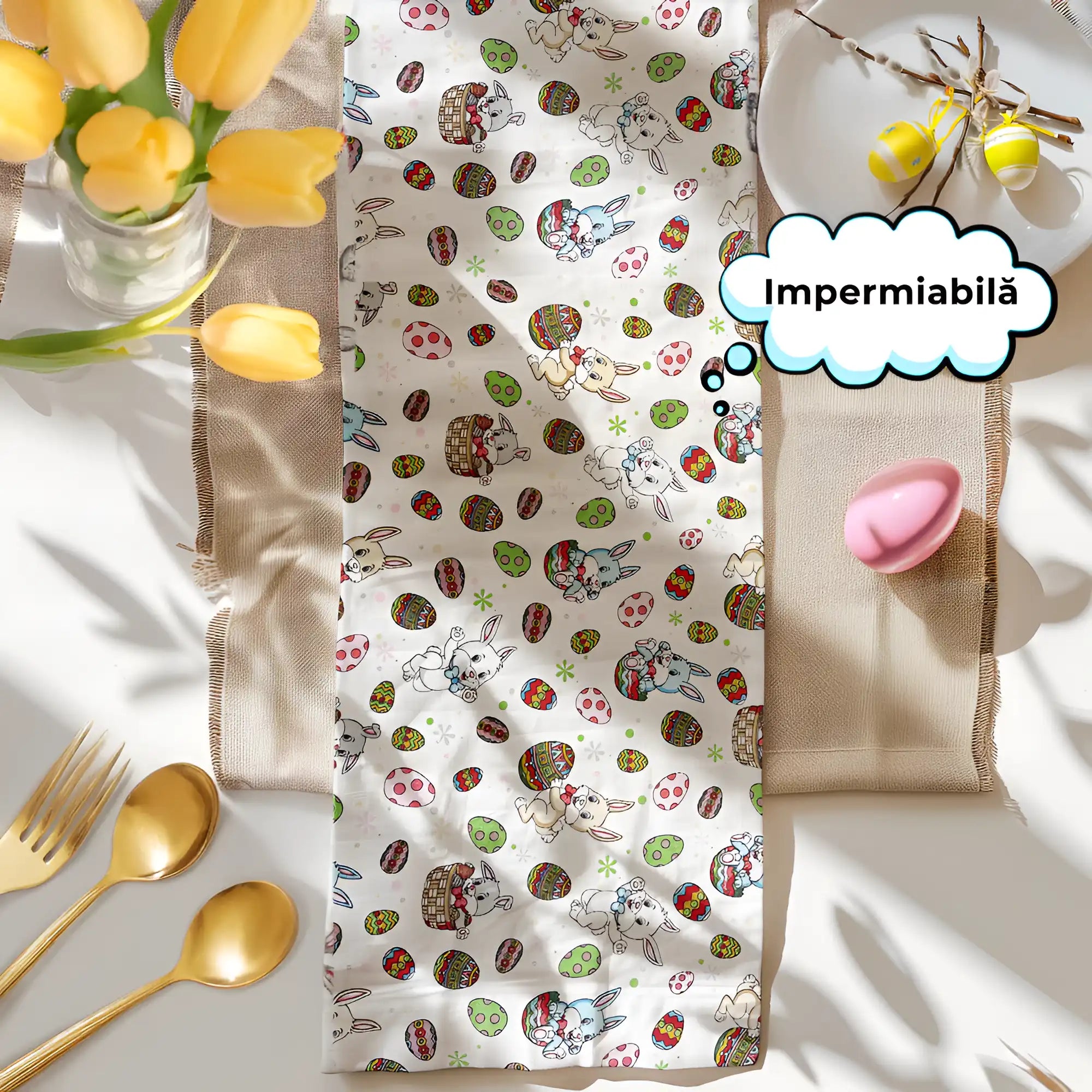 In poza este reprezentata traversa de masa cu un decor de Pasti.